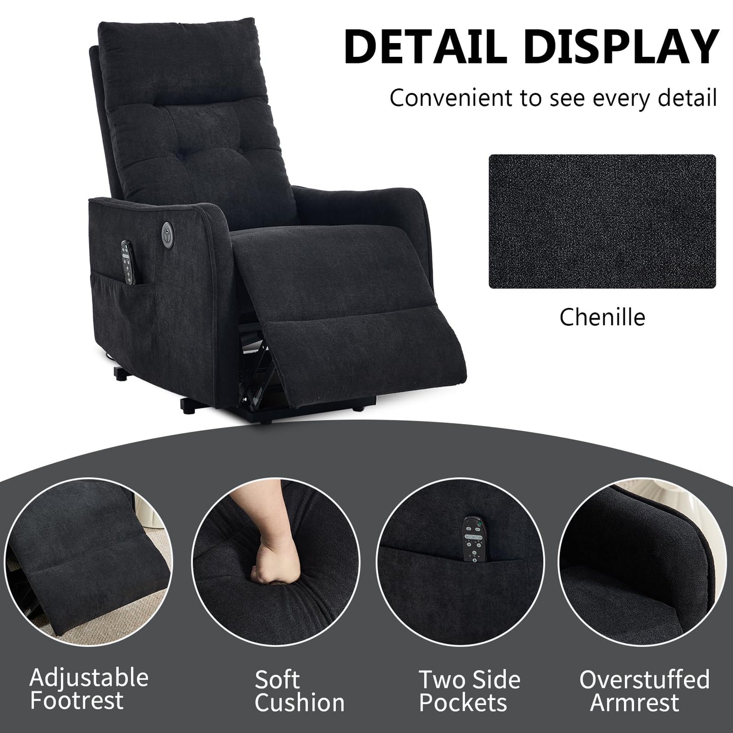 KEIKI Single Motor Power Lift Recliner Chair with Massage and Heat for Home Theater, Soft Fabric Finish with USB Charging Port and Motion Mechanism for Elderly