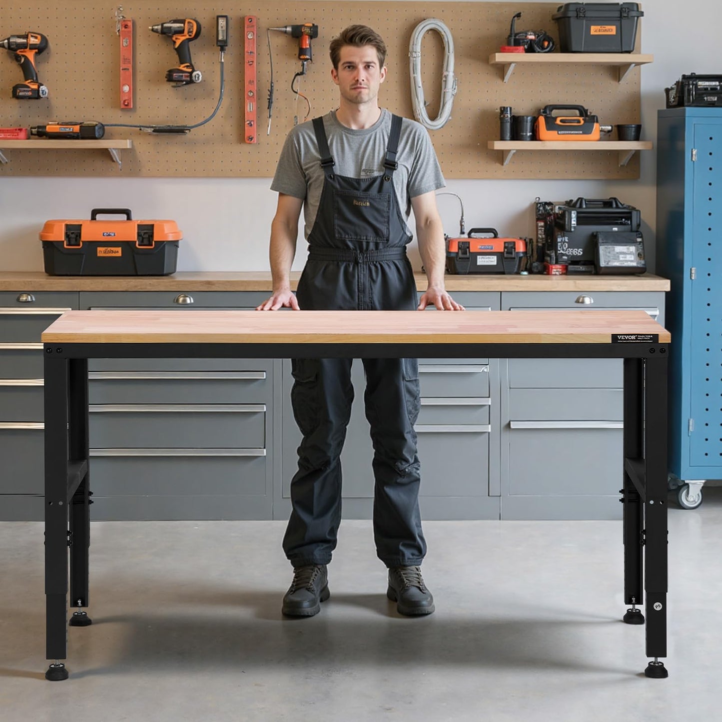 VEVOR Adjustable Workbench, 2000 lbs Capacity, 61 x 20-inch Heavy Duty Work Bench with 27.1-36 Inches Height Adjustment, Garage Workbench with Power Outlets, Suitable for Office, Garage, Workshop