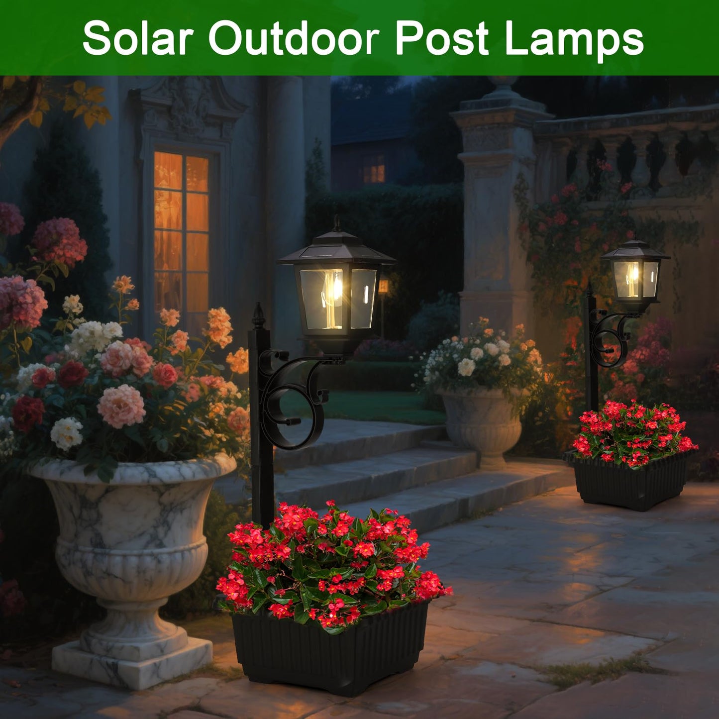 Melunar Solar Post Lamps with Flower Pots, Waterproof, Outdoor Decorative Light for Garden, Patio, Black, Model SLP011