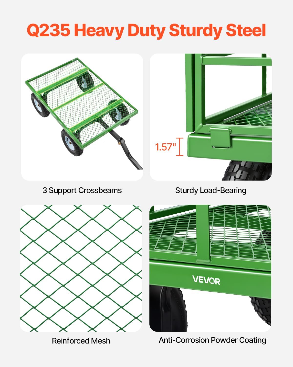 VEVOR Steel Garden Cart, 1200 lbs Heavy Duty Pullable Garden Wagon Yard Cart, 2 in 1 Outdoor Metal Utility Wagon Yard Trailer with 13" All Terrain Tires, Mesh Detachable Sides and 180° Rotating Handle