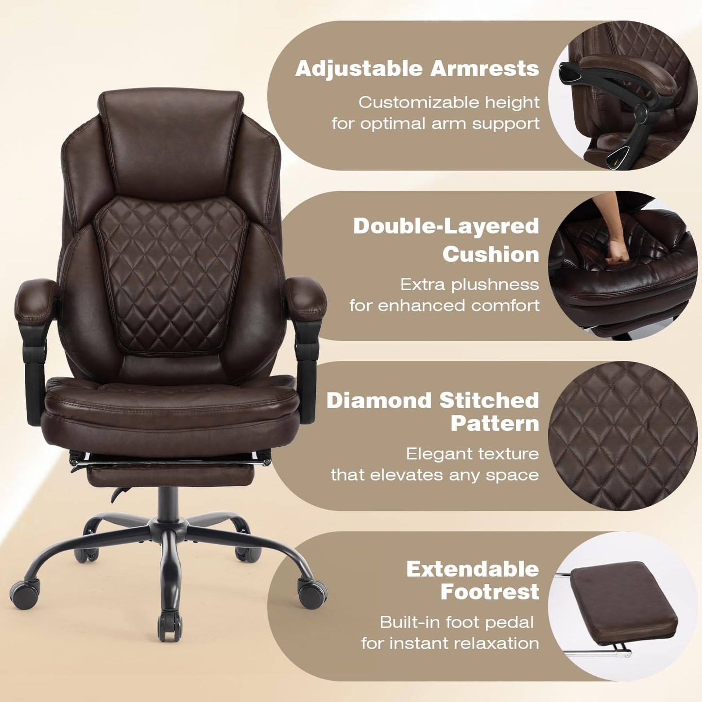 linting 400lbs Ergonomic Reclining Office Chair with Footrest, Plus Size Big Tall Leather Recliner Office Desk Chairs with Foot Leg Rest, Brown