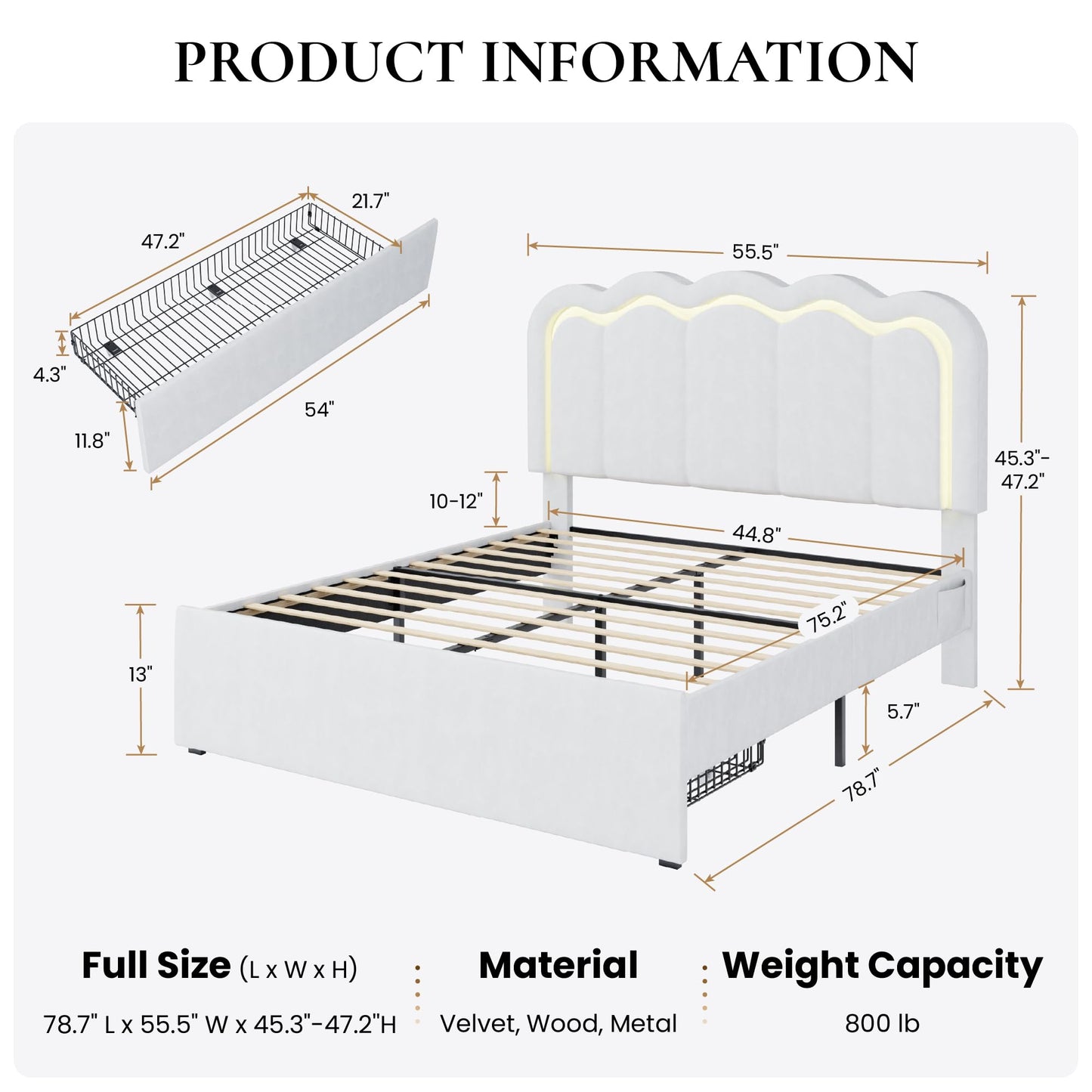 SHA CERLIN Upholstered Full Size Bed Frame with LED Lights and Large Storage Drawer, Velvet Platform Bed with Adjustable Wavy Headboard, Noise Free, Easy Assembly, No Box Spring Needed, Soft White