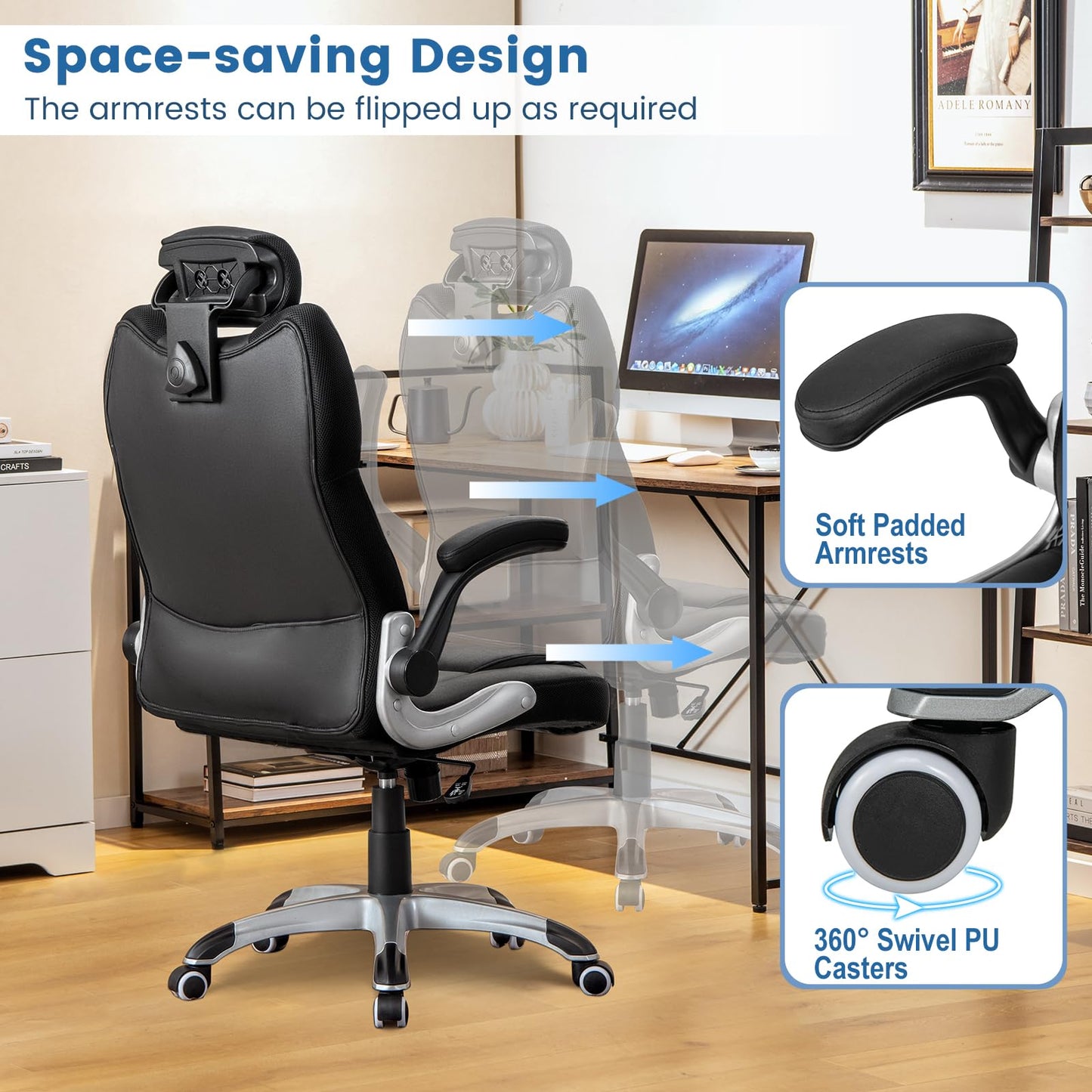 Giantex Executive Office Chair, Kneading Massage Computer Chair with Removable Lumbar Support Pillow, Adjustable Headrest, Faux Leather Rolling Desk Chair with Flip-up Armrests for Home Office, Black