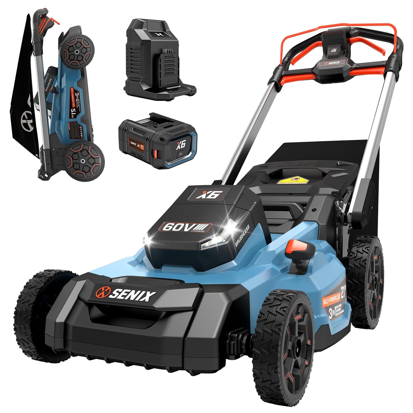 SENIX X6 60 Volt Max* 21-Inch 3-in-1 Cordless Push Lawn Mower,Self-Propelled,with Bagging,Mulching,Side Discharge,Height Adjustment,Smart Display,8Ah Lithium-ion Battery&Charger Included (LPSX6-H)
