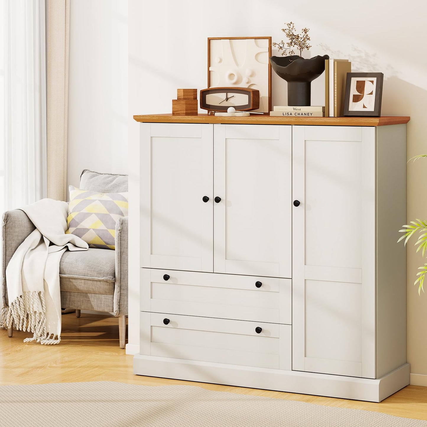 LOKO 47.5” Tall Buffet Cabinet with Storage, Modern Storage Cabinet with 3 Doors & 2 Large Drawers, Farmhouse Kitchen Pantry with Removable Shelf for Dining Room, Living Room, Home Bar