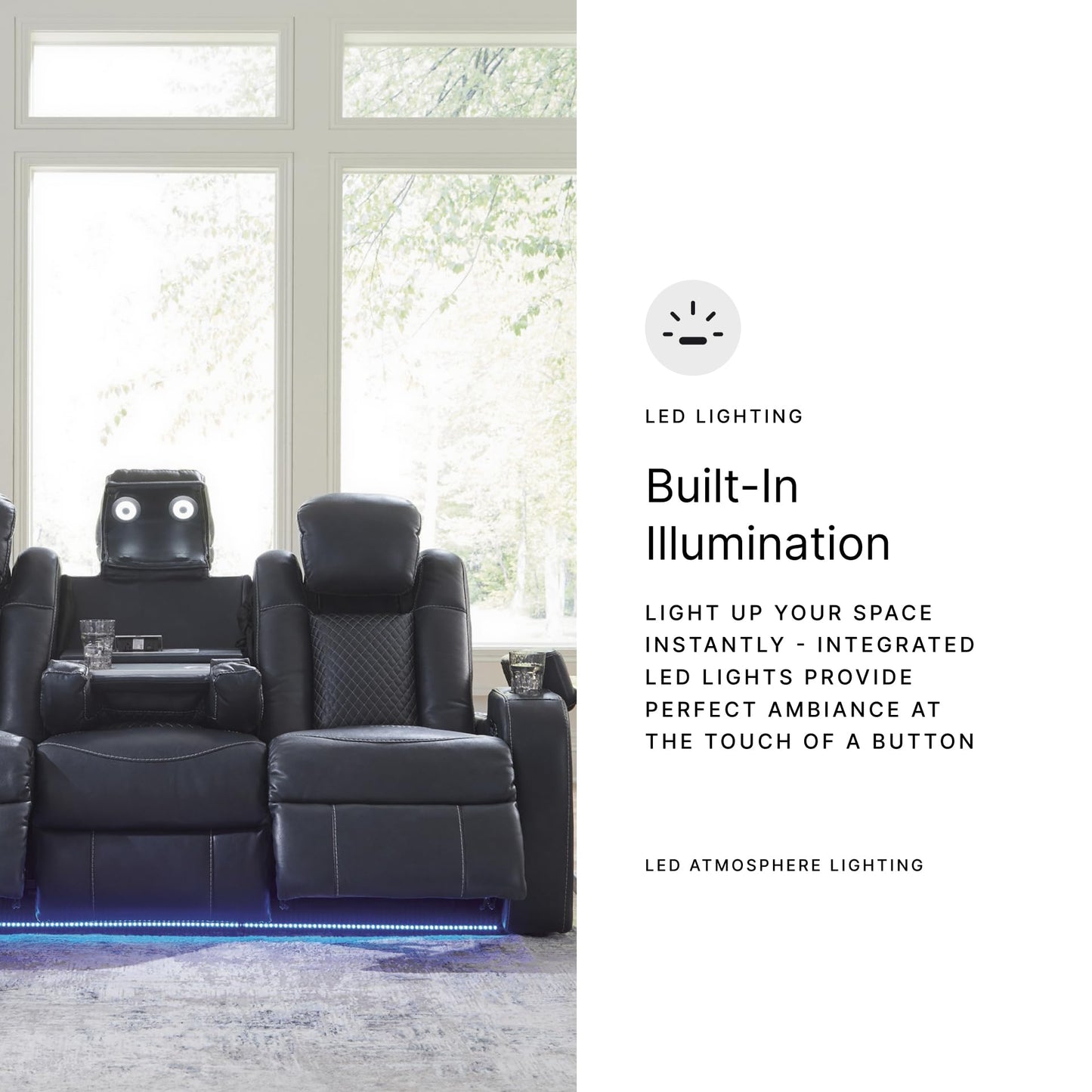 Signature Design by Ashley Fyne-Dyme Power Reclining Sofa with USB Ports and Adjustable Headrest, Drop Down Table, Faux Leather, 21" Seat Height, Blue