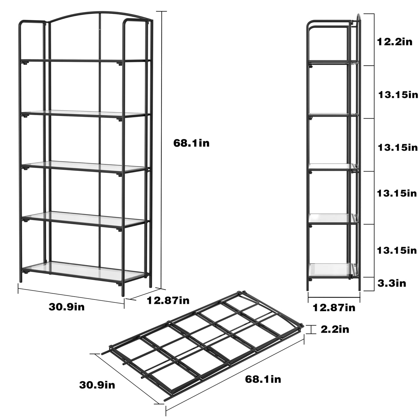 Crofy 5-Tier Wider Foldable Bookshelf, Black Frame & Transparent Shelves