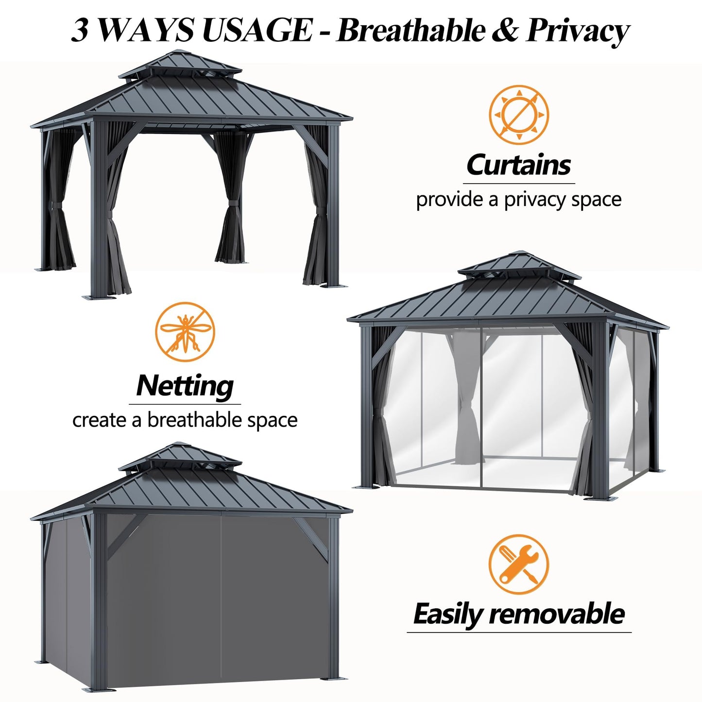 GARTOO 12'x12' Outdoor Hardtop Gazebo with Double Roof - Heavy-Duty Galvanized Steel Top Aluminum Frame Gazebo with Breathable Netting & Privacy Curtain for Patio, Porch, Garden, Lawn, Deck, Backyard