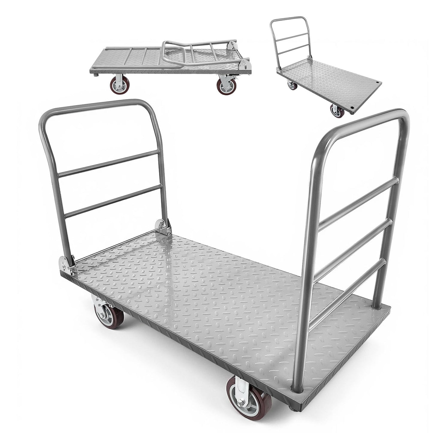 VEVOR 2 in 1Platform Truck, 2650 LBS Heavy Duty Flatbed Cart Dolly with Detachable Rear Guardrail and Swivel Wheels, Foldable Hand Push Truck Cart for Groceries, Garage, Warehouse (48"×24")
