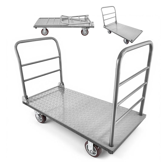 VEVOR 2 in 1Platform Truck, 2650 LBS Heavy Duty Flatbed Cart Dolly with Detachable Rear Guardrail and Swivel Wheels, Foldable Hand Push Truck Cart for Groceries, Garage, Warehouse (48"×24")