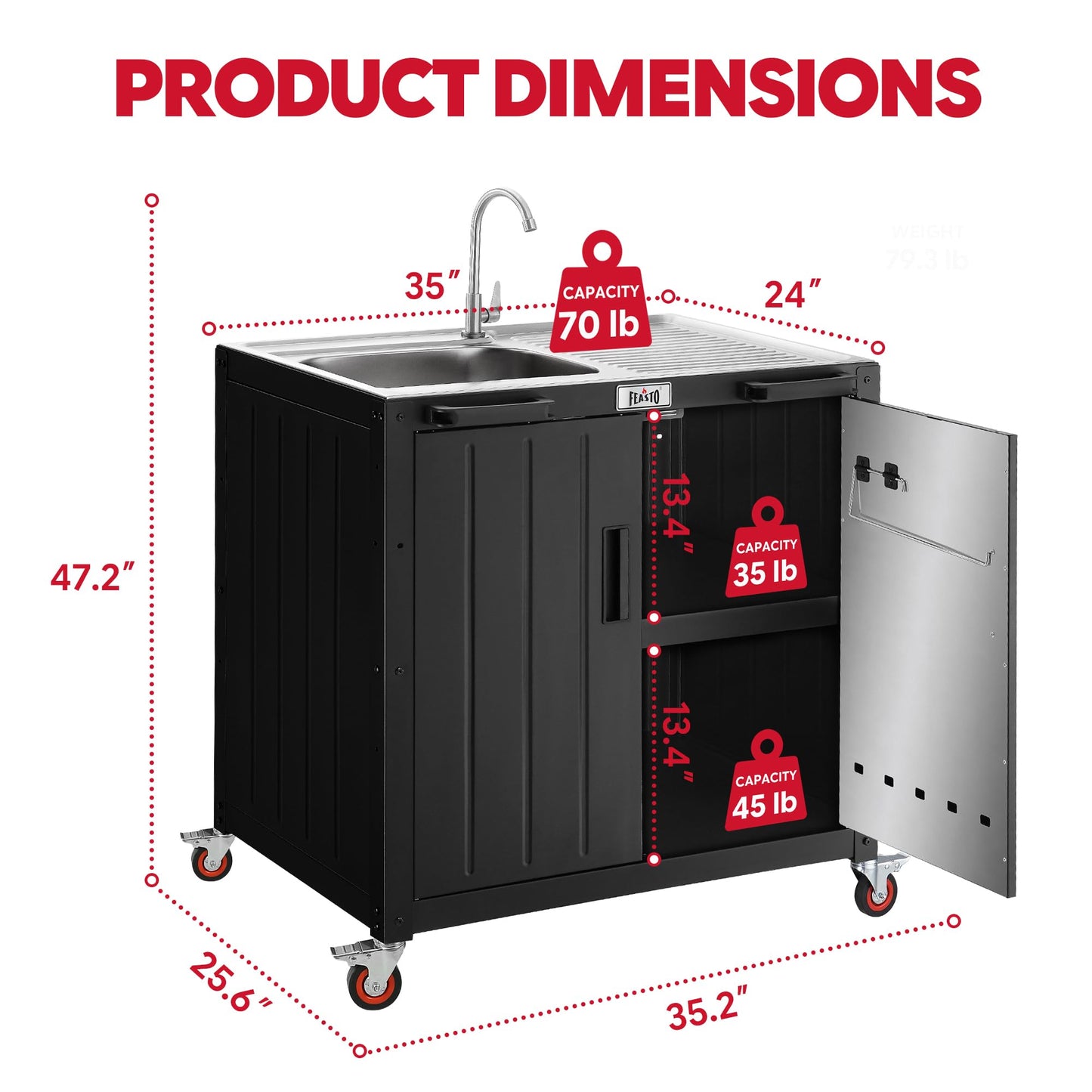 Feasto Outdoor Kitchen Island with Stainless Steel Sink and Storage Cabinet, 35-Inch BBQ Prep Station with Faucet & Lockable Wheels for Patio, Backyard, and Outdoor Cooking, Black & Silver