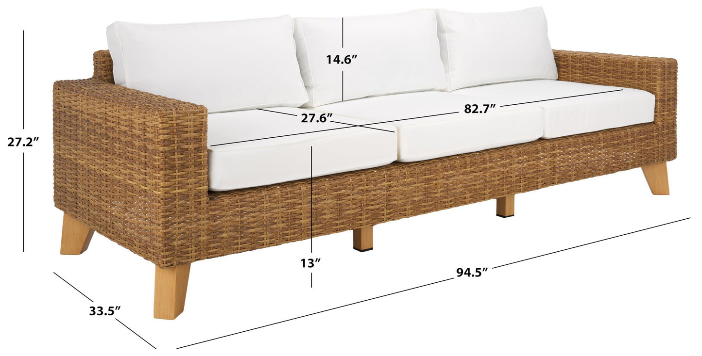 SAFAVIEH Couture Outdoor - Margarita Wicker Sofa - Brown & White - Performance Linen & Aluminum Frame - Ideal for Patio, Deck, Porch, Backyard, 94.5"W x 33.5"D x 27.2"H (CPT2102A)