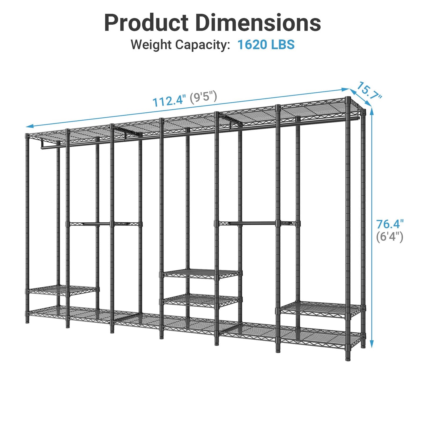 VIPEK V60 Extra Large Portable Closet Rack Heavy Duty Clothing Rack for Hanging Clothes Freestanding Wardrobe, Metal Closet for Bedroom Storage and Organizer, Load 1620lbs, Black