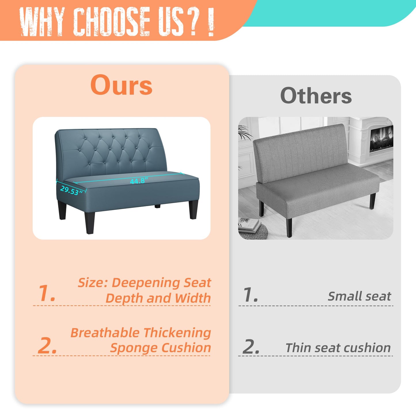 Alunaune Upholstered Blue Loveseat Bench Couch for Bedroom, Modern Cushioned Armless Settee Small Love Seat Sofa Faux Leather Living Room Couch