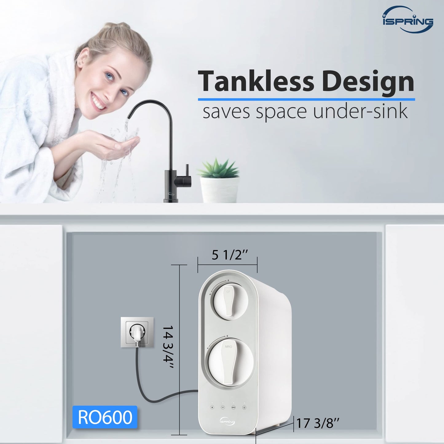 iSpring RO600ORB Tankless Reverse Osmosis System Under Sink, 600 GPD Fast Flow RO System, 2.5:1 Pure to Drain Ratio RO Water Filter System, Oil Rubbed Black Faucet, White