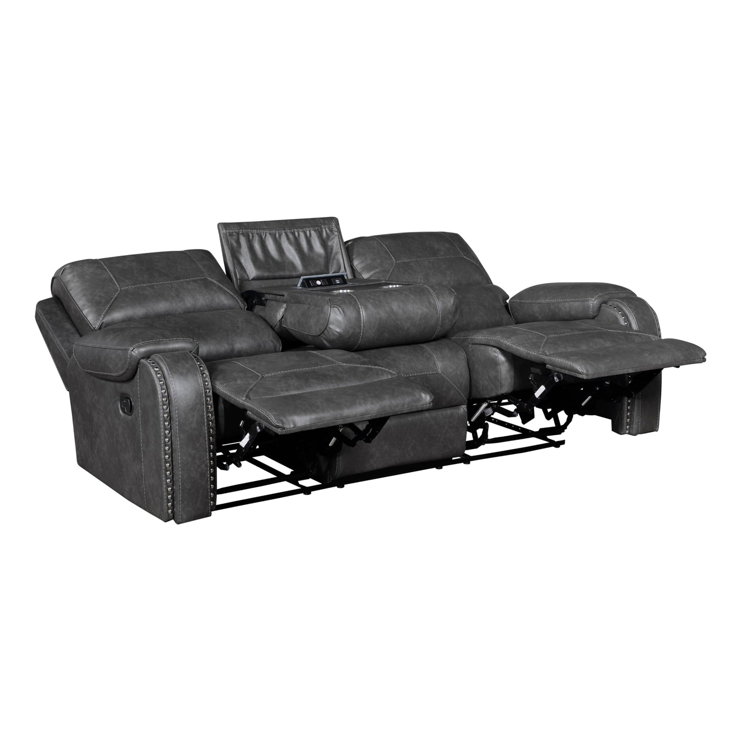 Lexicon Modern Double Recliner Sofa, Faux Leather Reclining Sofa with Nailhead, Center Drop-Down Cup Holders, Receptacles, USB Ports, Manual Recliner Couch Sofa for Living Room/Office/Apartment, Grey