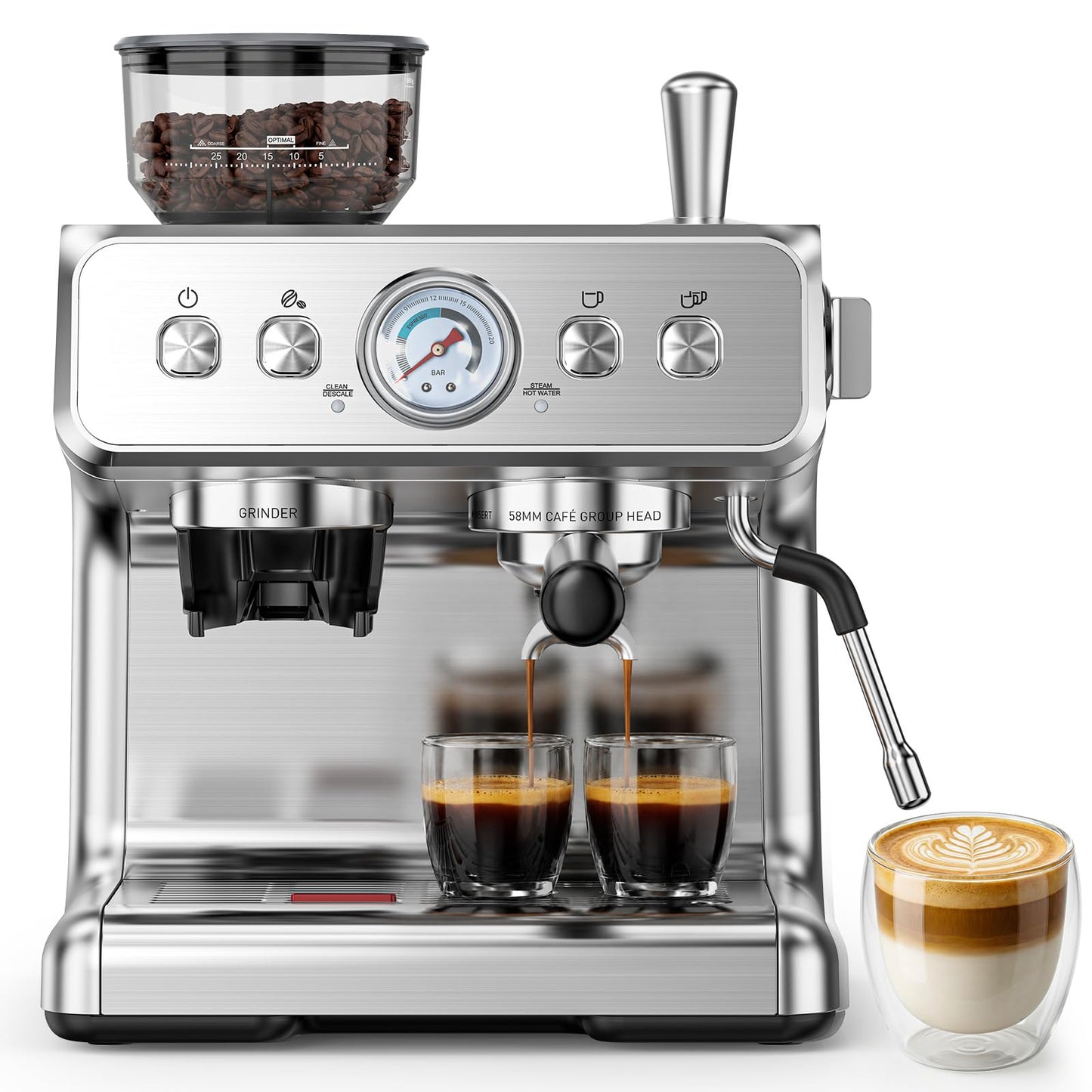 COWSAR 20 Bar Espresso Machine with Grinder & Milk Frother Steam Wand, 58mm Expresso Coffee machines, Commercial Stainless Steel Coffee Maker for Cappuccino and Latte, Perfect for Home Café
