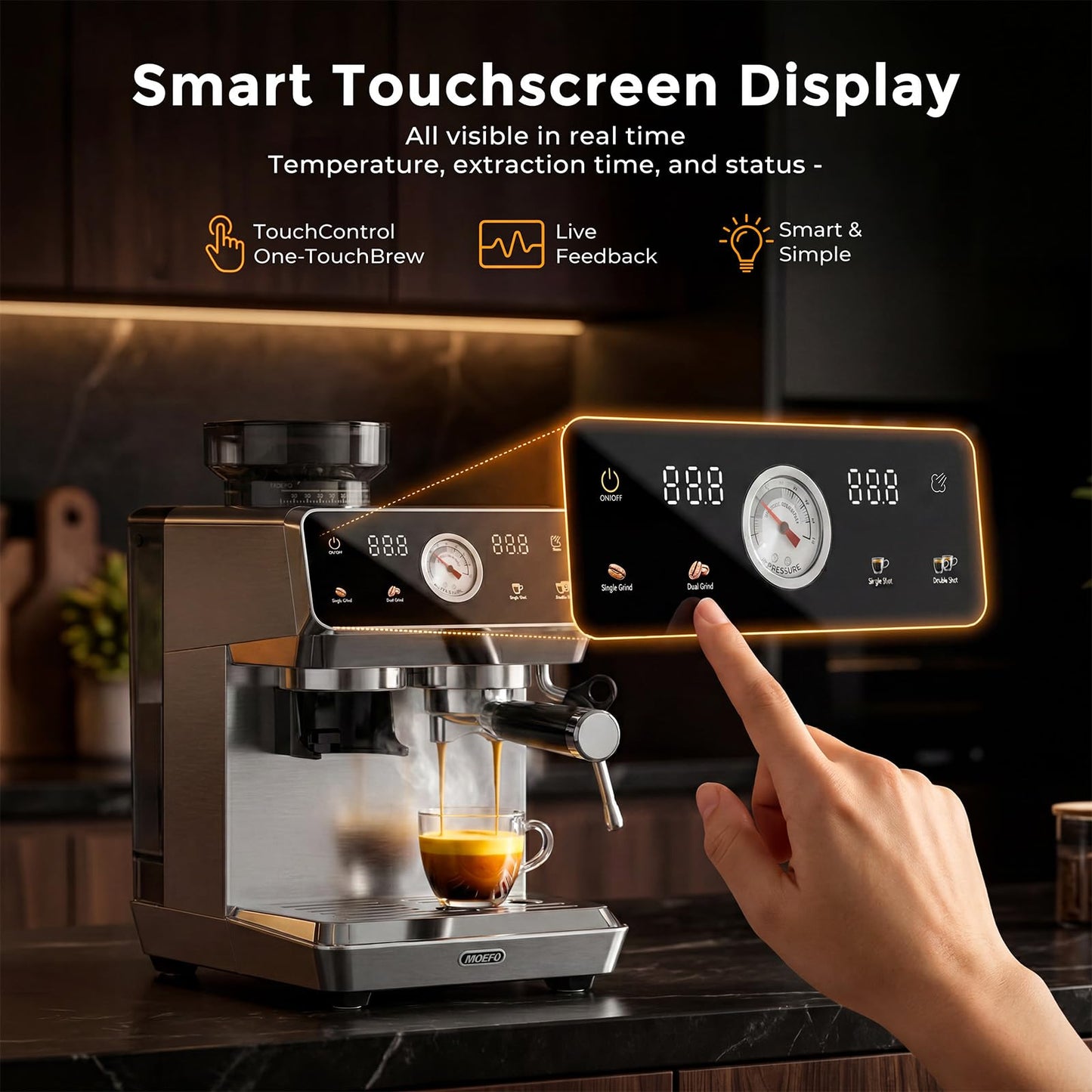 MOEFO Espresso Machine with Grinder, 20-Bar Programmable Semi-Automatic Coffee Maker, Visual Pressure Gauge & Touchscreen, Compact Design with 44-Grind Settings, Make Americano, Latte, Silver