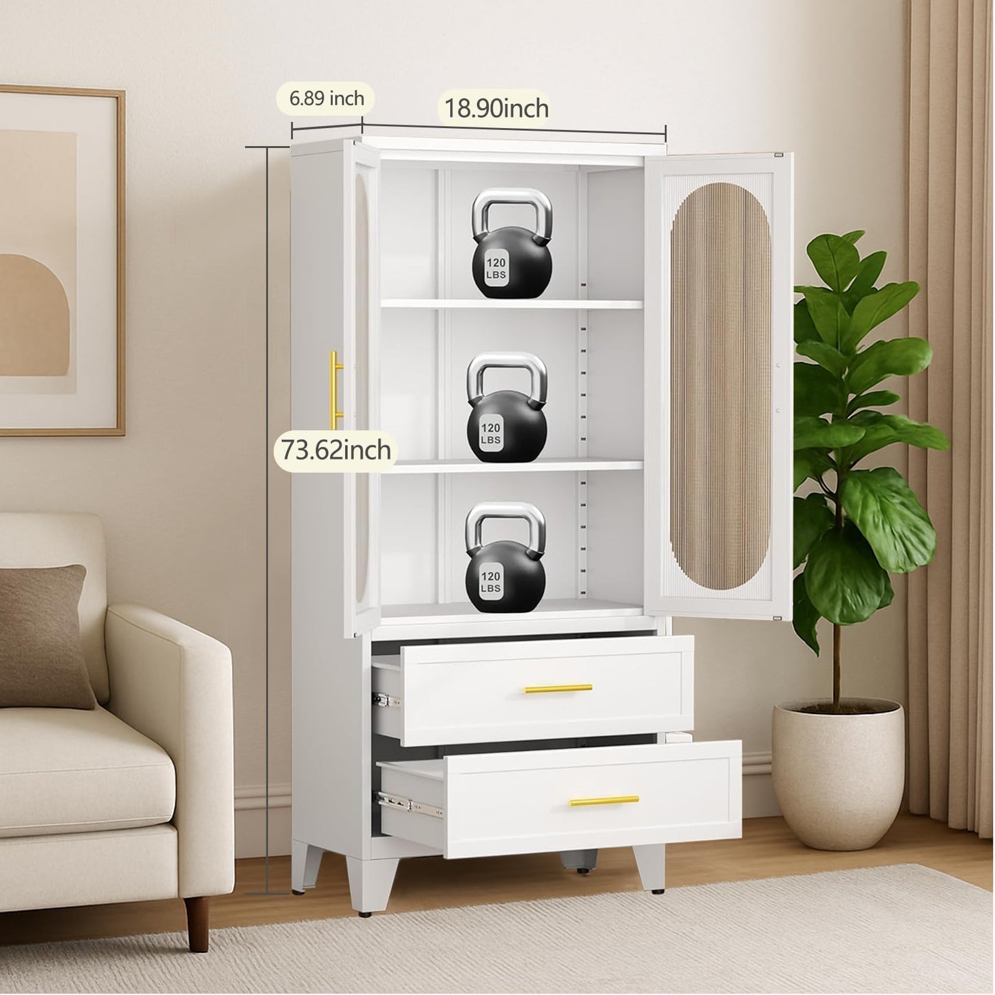 GarveeLife Tall Pantry Cabinet 73" h x 14" d, White Freestanding Storage Cabinet with 2 Large Drawers & Adjustable Shelves & Fluted Glass Door for Kitchen, Bathroom, Office & Hallway