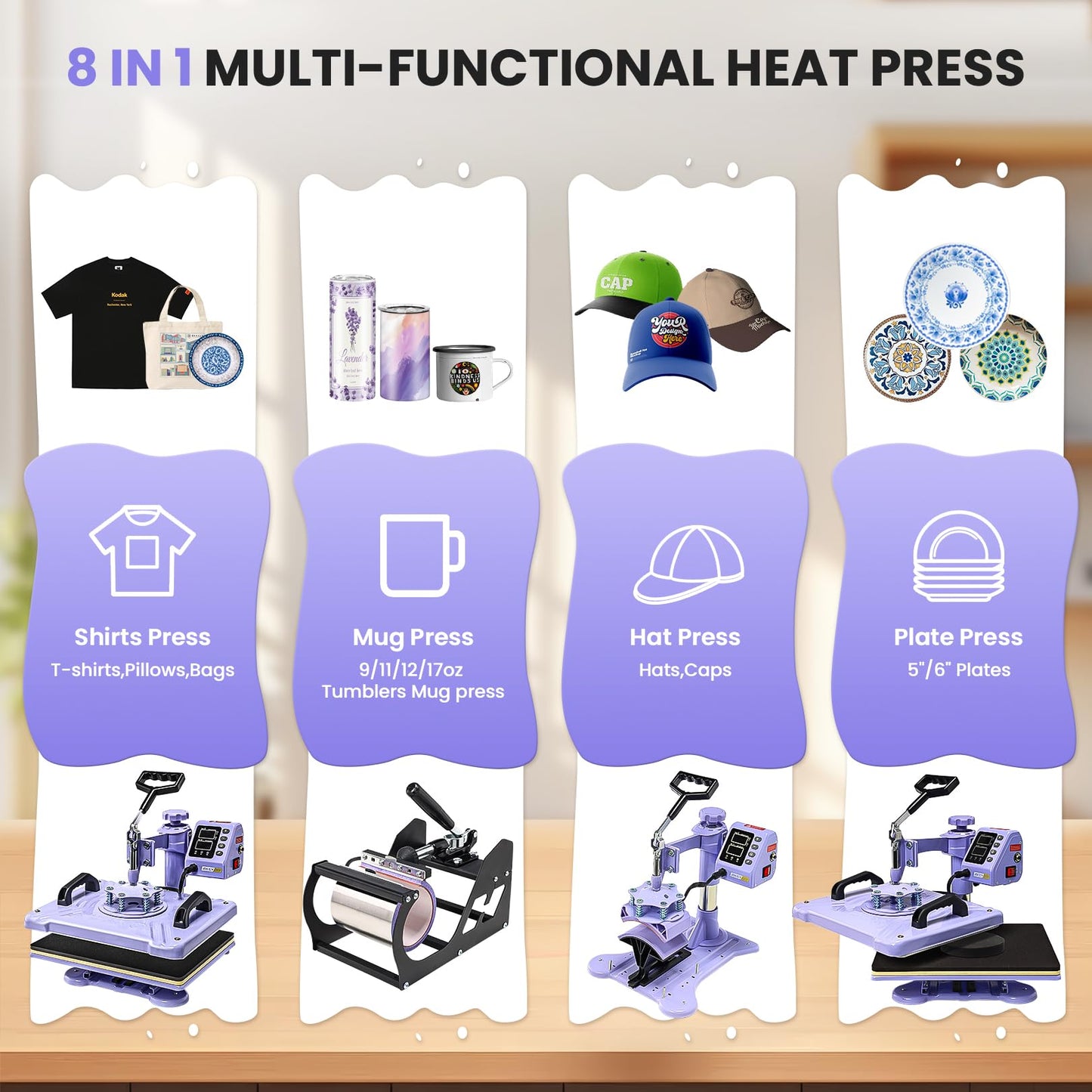 AKEYDIY Heat Press 15x12 Inch, 8 in 1 Heat Press Machine for T-Shirts Hat Cap Mug Plate, 360° Swing Away Shirt Pressing Machine, Sublimation Heat Transfer Machine with Tumbler Press Hat Press, Purple