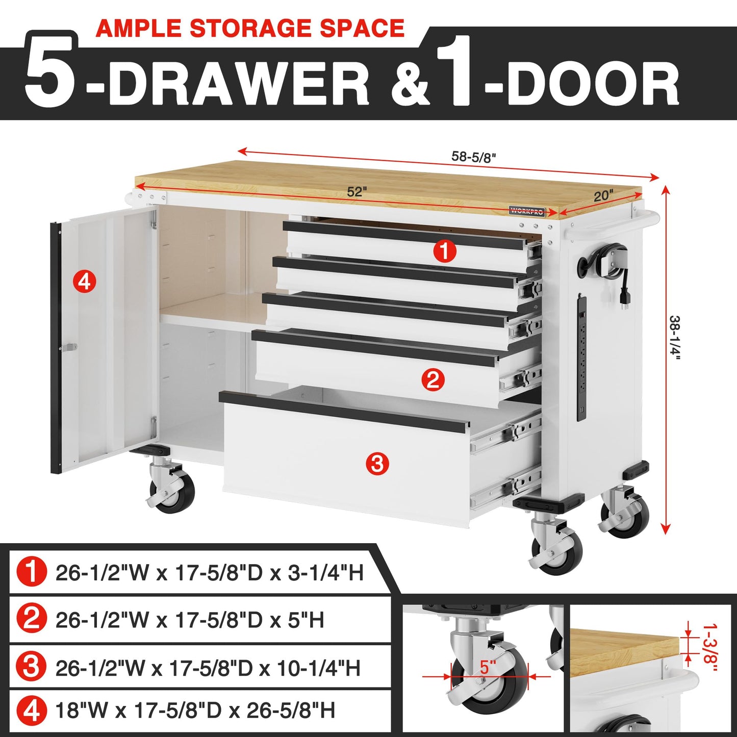 WORKPRO 52" x 20" 5-Drawer & 1-Door Rolling Tool Chest, Heavy Duty Tool Chest with Wheels, Power Strip, Locking System, Rolling Cabinet for Garage, Home & Kitchen, 1000 lbs Capacity