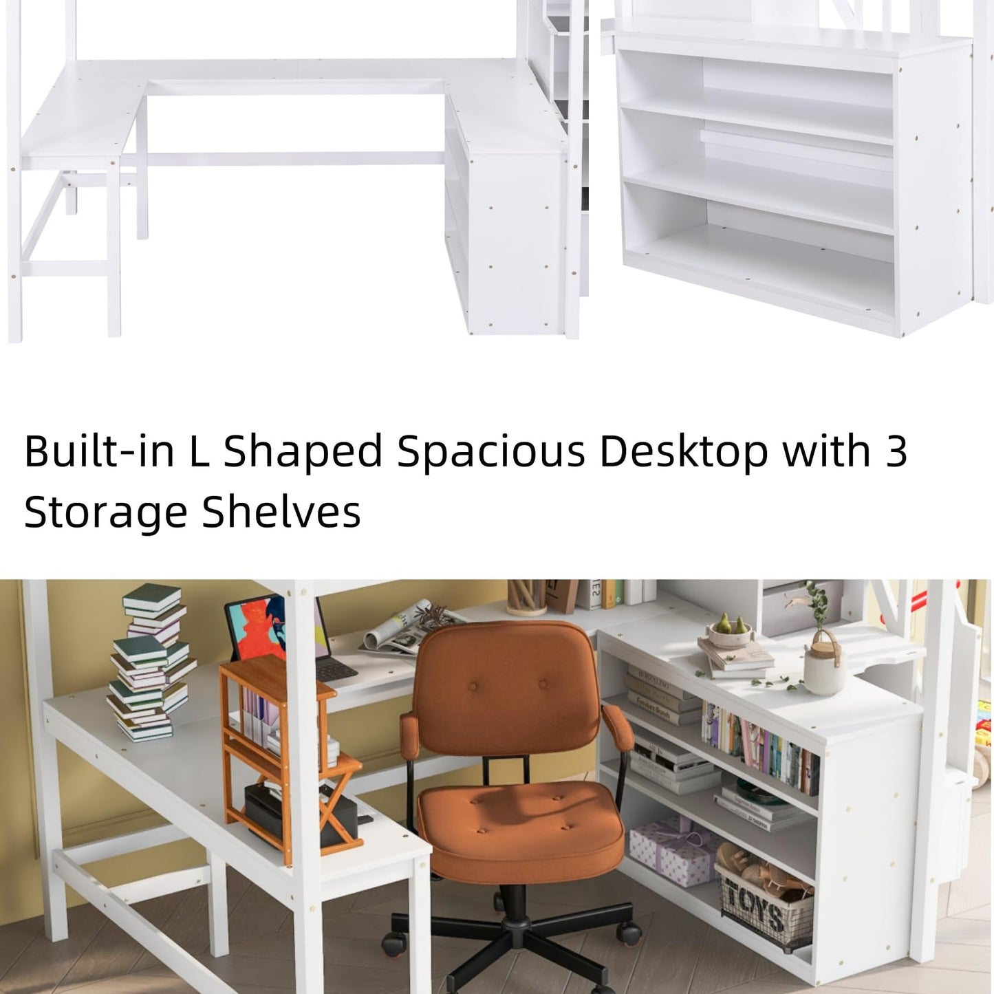 Merax Solid Pine Wood Full Size Loft Bed Frame with Built-in L Shaped Desk & Three-Tier Shelves & Attached Storage Staircase for Kids, Loft Bed with Large Under-Bed Space, No Box Spring Needed, White