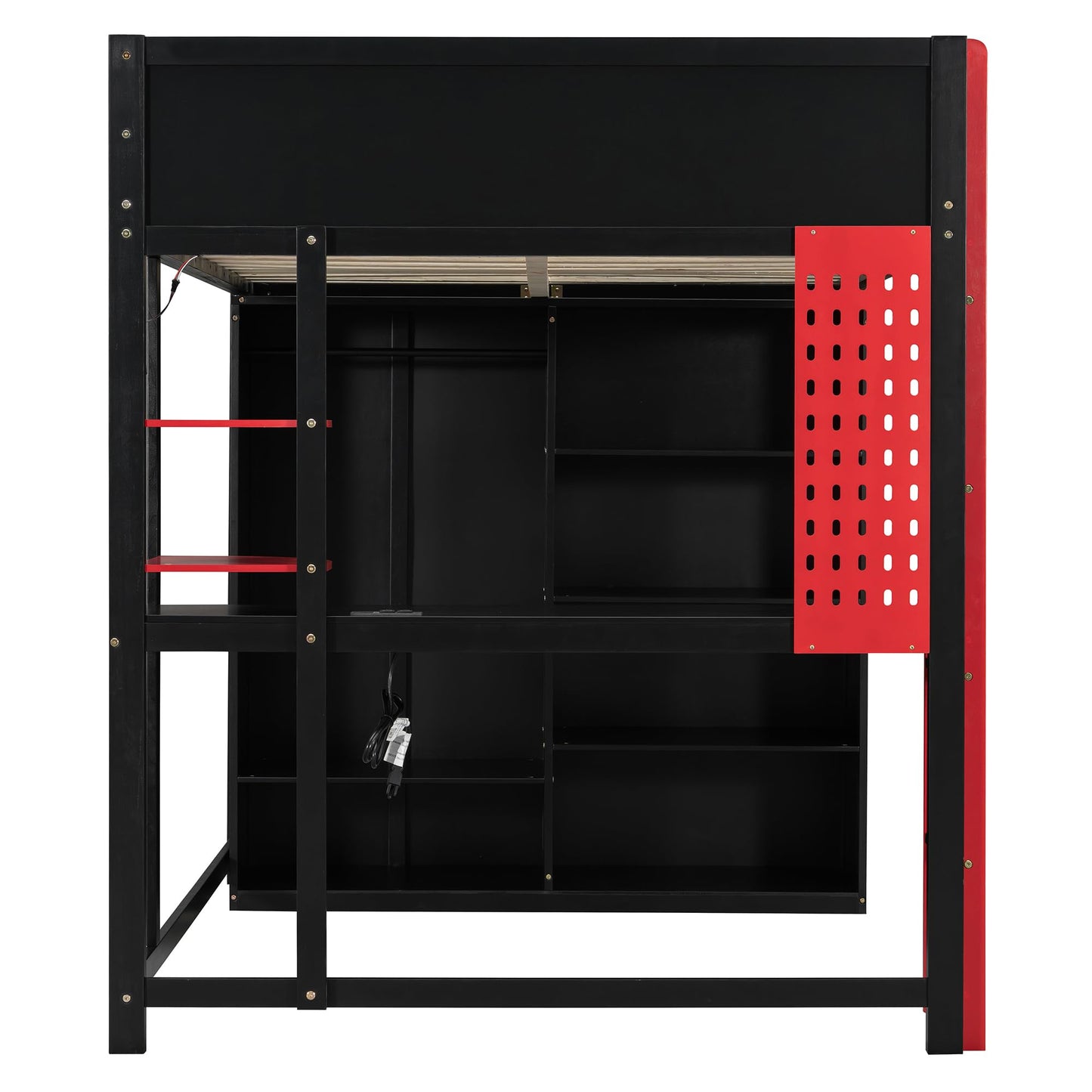 Ball & Cast Gaming Full Size Loft Bed with Desk and Charging Station,Wood Gamer Loft Beds Frame W/Open Wardrobe&RGB Light,High Loft Bed W/Full-Length Guardrail,Bedroom Furniture for Student Dorms,Red