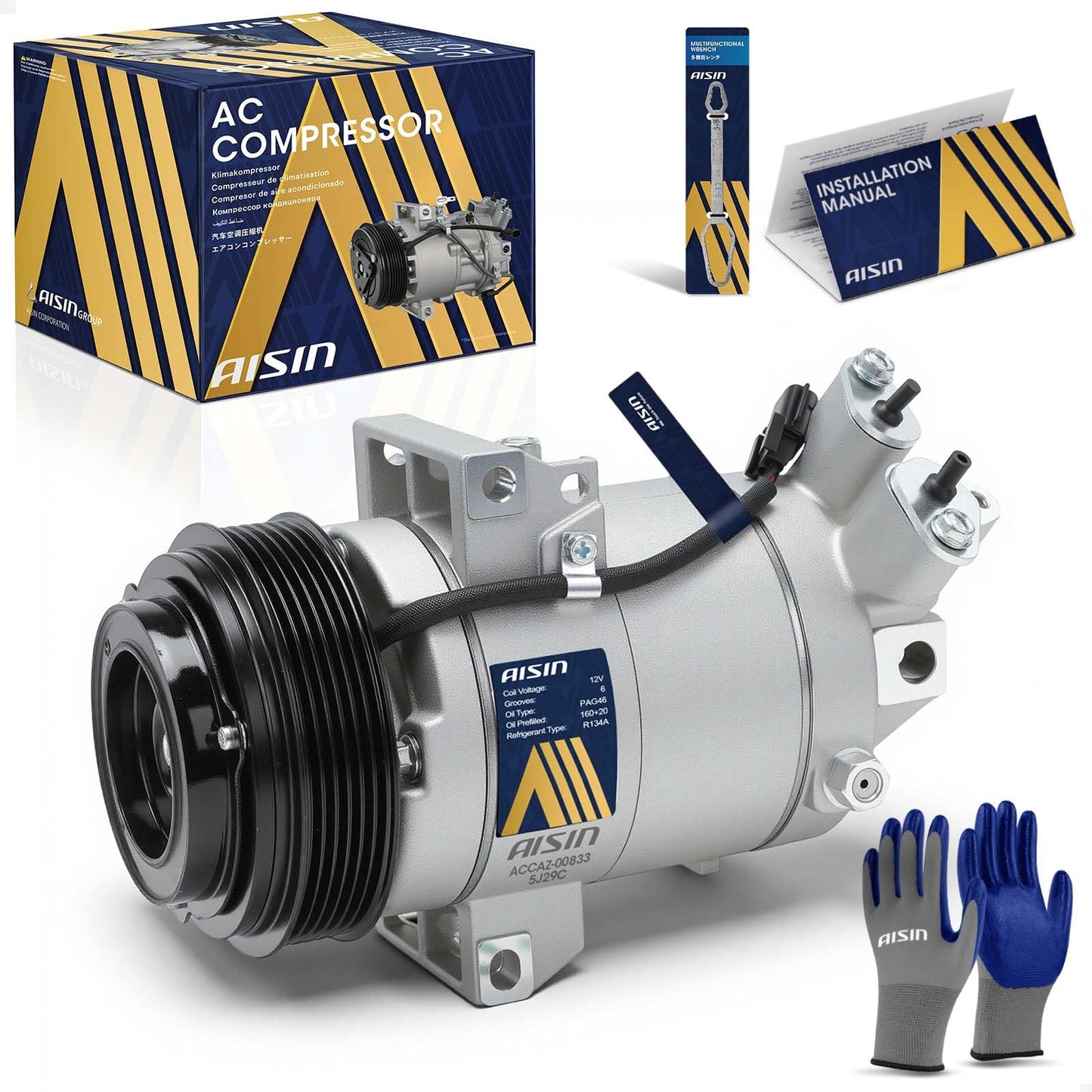 AISIN AFTERMARKET ACCAZ-00833 Air Conditioner AC Compressor - Compatible with Nissan NV200 2013-2020, Chevrolet City Express 2015-2018 - with 6-Pulley Groove, with Clutch