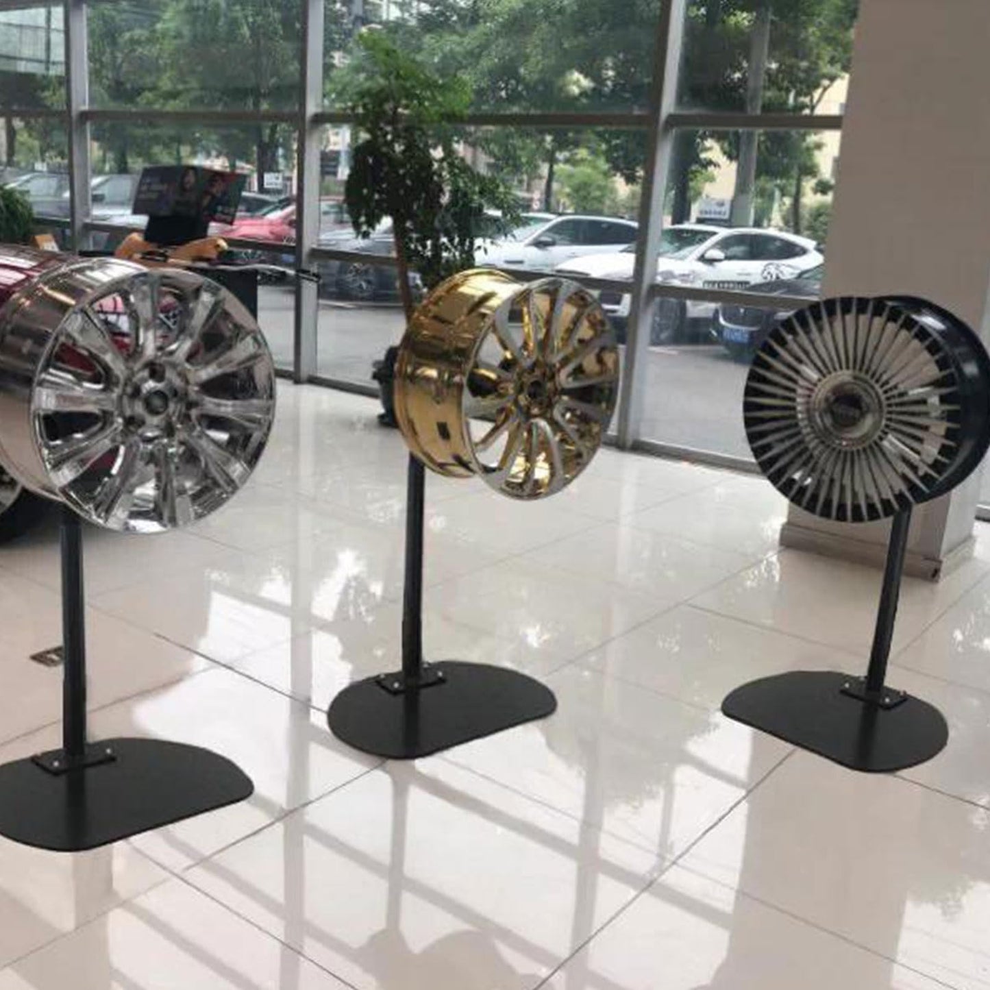Rotating Tire Wheel Display Stand, Black Iron Rim Display Rack with Premium Bearings, Stable Holder for Auto Shop, Tire Store, Wheel Showroom, Garage, Wall Mount, Bench or Floor Use Optional(Shape 3)