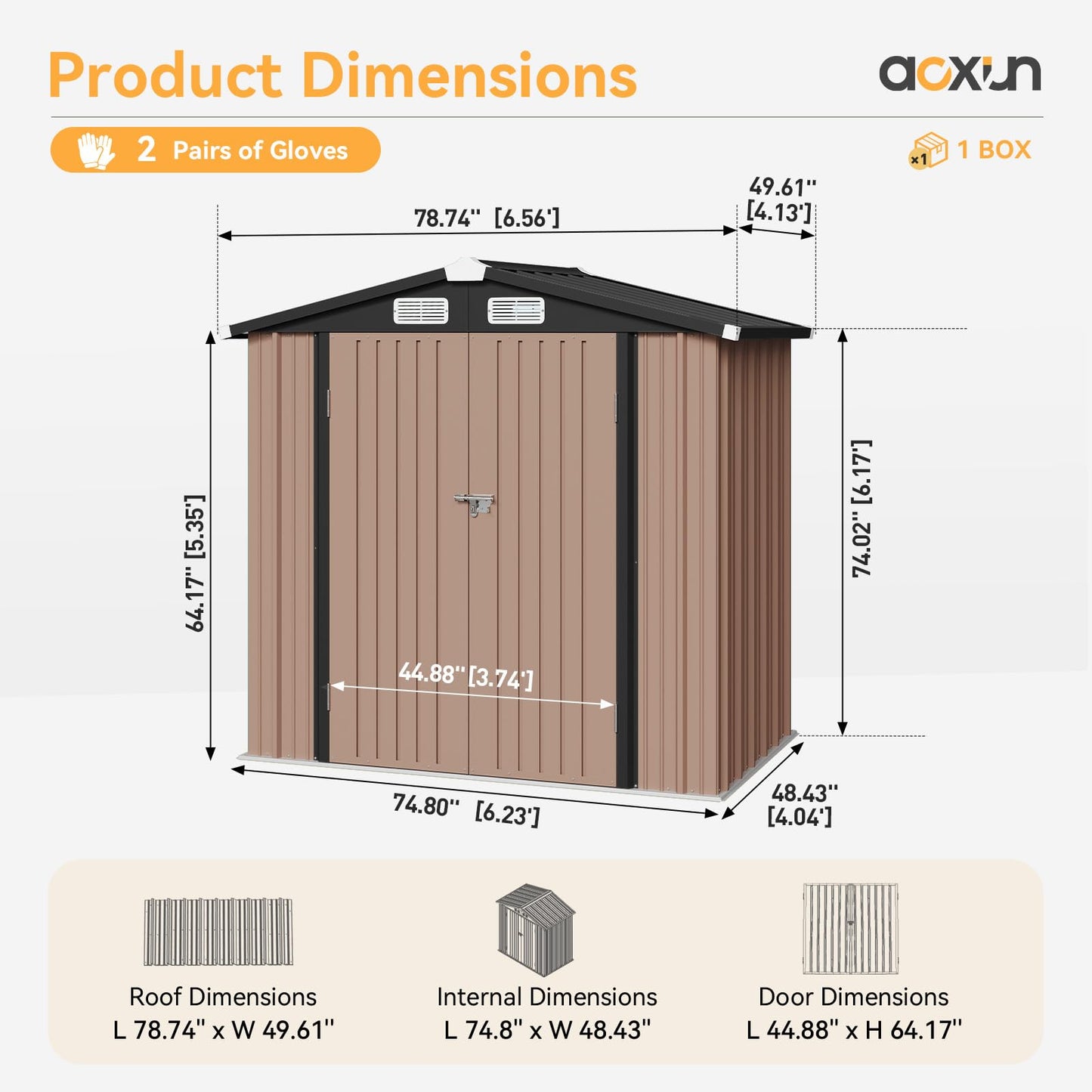 Aoxun 6x3.9 FT Metal Outdoor Steel Shed with Lockable Doors Tool Shed Bike Shed for Backyard, Patio, Poolside (Brown)