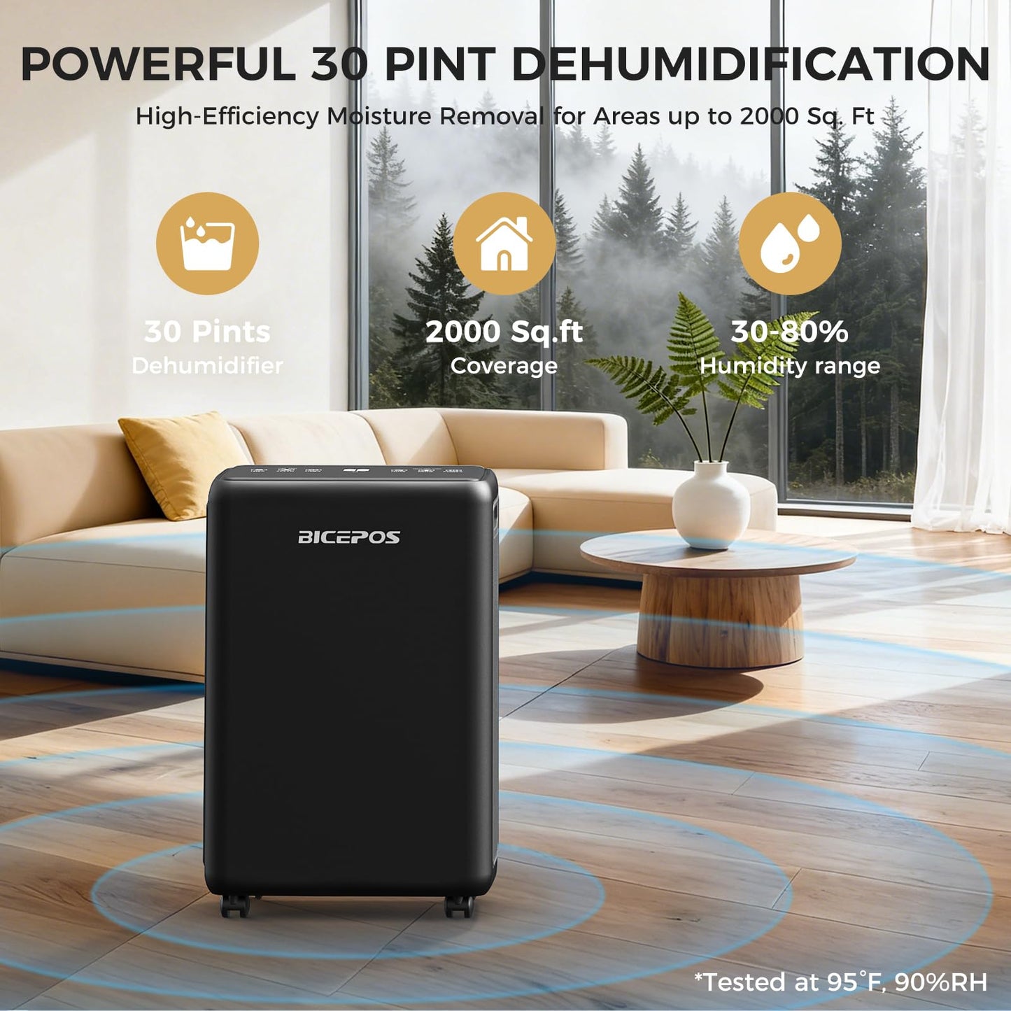 Bicepos 2000 Sq.Ft Dehumidifier for Basement, 30 Pints Dehumidifiers for Home with Drain Hose, 0.52 Gal Water Tank, Intelligent Humidity Control Auto Shut Off for Bathroom, Laundry, RV, Office