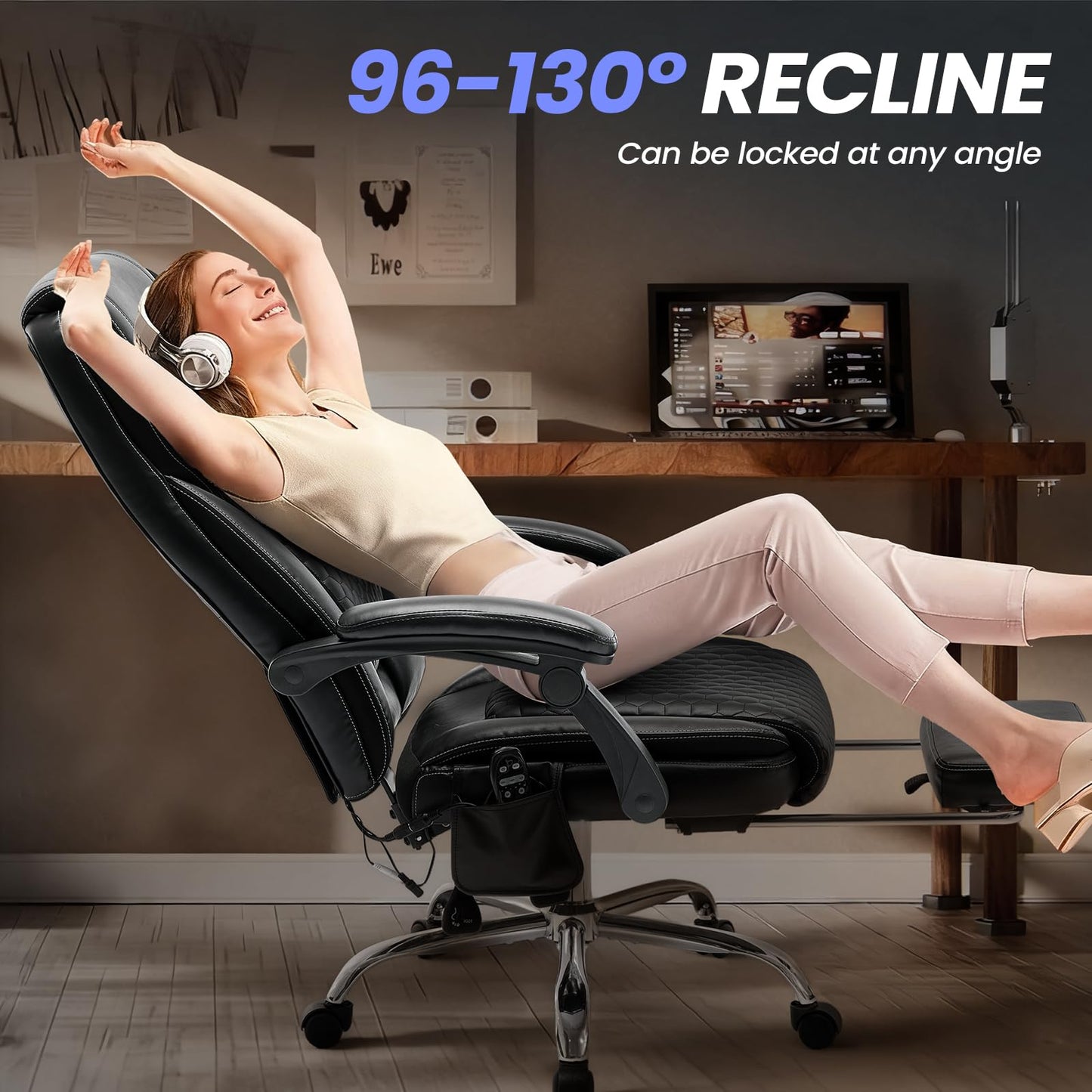 MALOL Massage Office Chair with 3-Level Heat and Footrest – 20-Min Easy Assembly, 300 lbs Big and Tall Desk Chair, PU Leather Ergonomic Executive Computer Chair with Side Pocket, Black,Set of 2