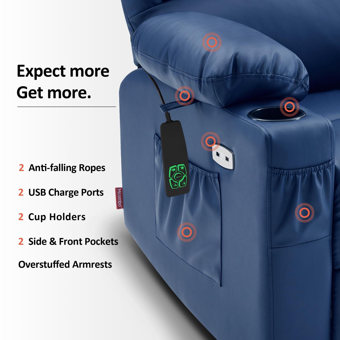MCombo Dual Motor Power Lift Recliner Chair for Elderly, Massage and Heat, Lay Flat, Zero Gravity, Home Button, USB Port, Faux Leather 7680 (Navy Blue, Large)