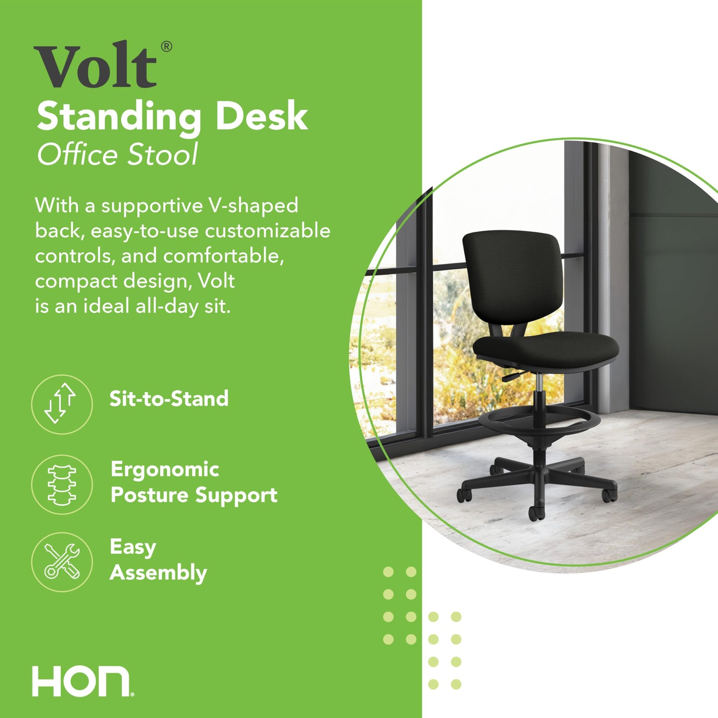 HON Volt Standing Desk Chair with Bonded Leather Seat and Back, Armless Ergonomic Task Stool with Adjustable Footring and Center‑Tilt Recline for Sit‑Stand Workstations, Black