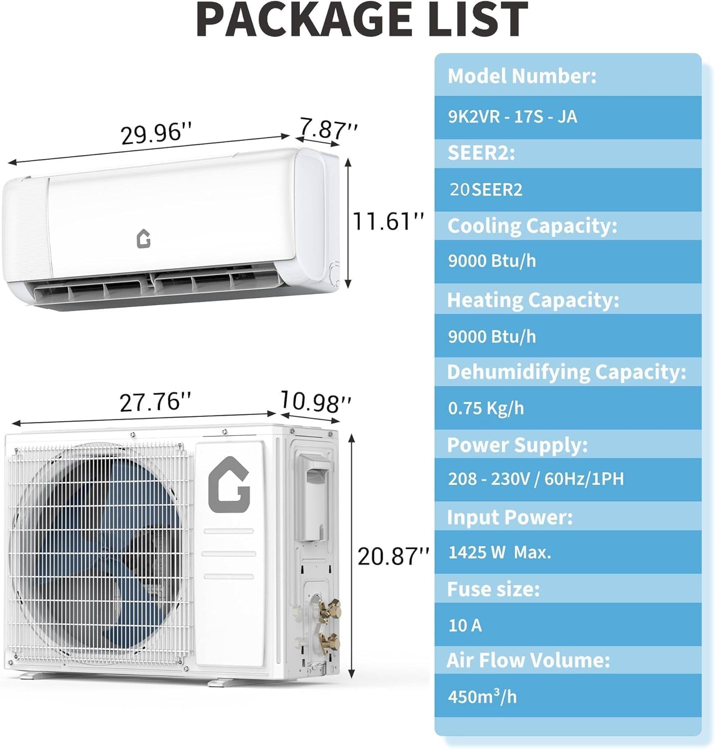 9,000 BTU Mini Split Air Conditioners, AC/Heating System, 20 SEER2, Quiet Operation, 230V WIFI Enabled Energy Efficient Mini Split Unit, Heat Pump & Installation Kits for Rooms Up to 450 Sq.ft