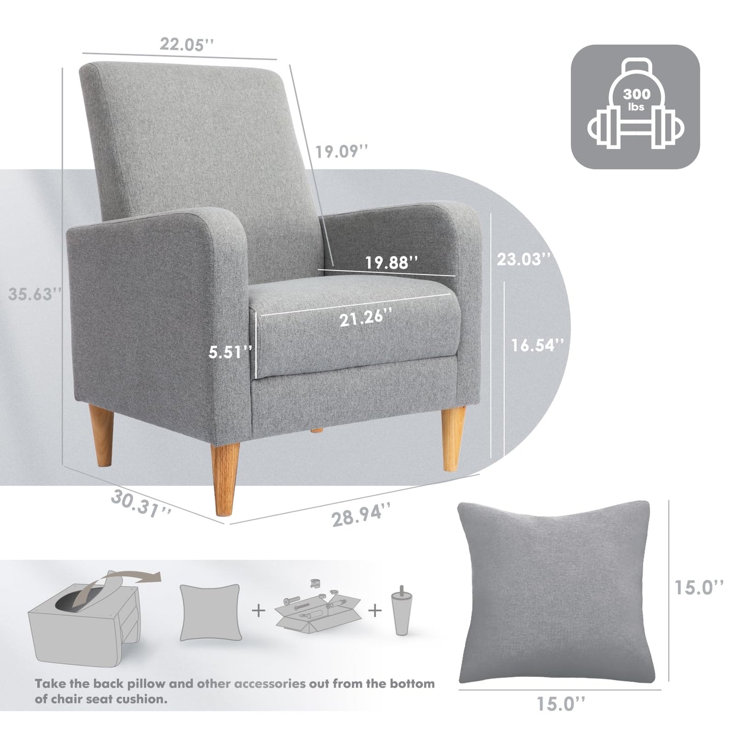 COLAMY Fabric Accent Living Room Chairs Set of 2, Upholstered Arm Chair Reading Side Chair, Single Sofa with Back Pillow and Wood Legs, Light Grey