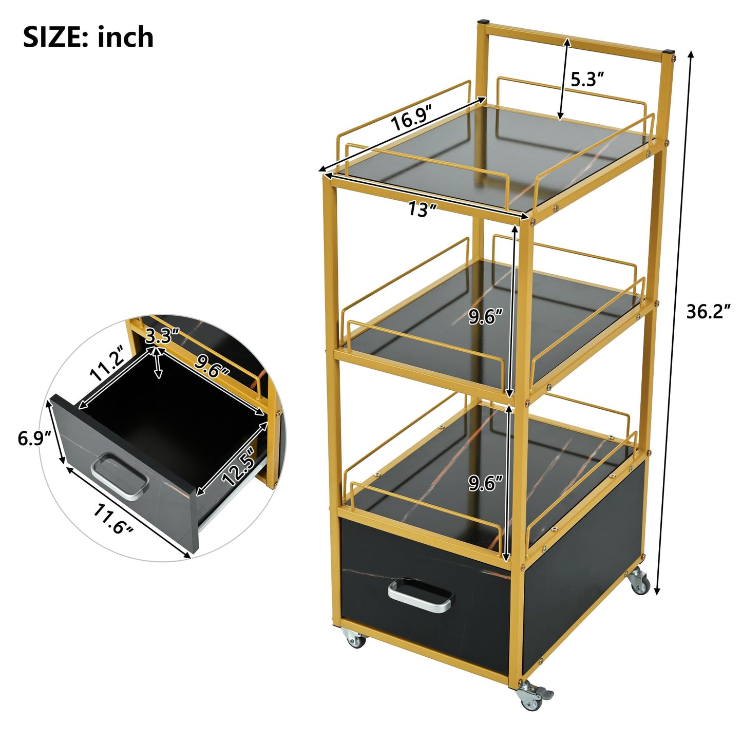 Beauty Salon Cart with Lockable Wheels 3-Tier Rolling Makeup Cart Organizer Esthetician Cart with Drawer Marbled Board for Nail Skincare and Barber Supplies Black and Gold