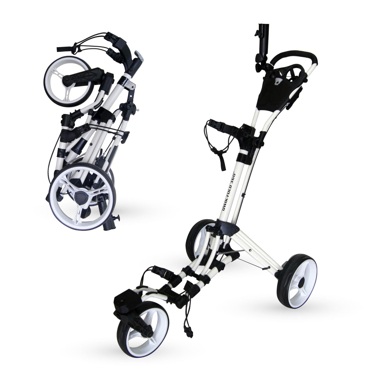 Qwik-Fold 360 Swivel 3 Wheel Push Pull Golf CART - 360* Rotating Front Wheel - ONE Second to Open & Close! (White/White)