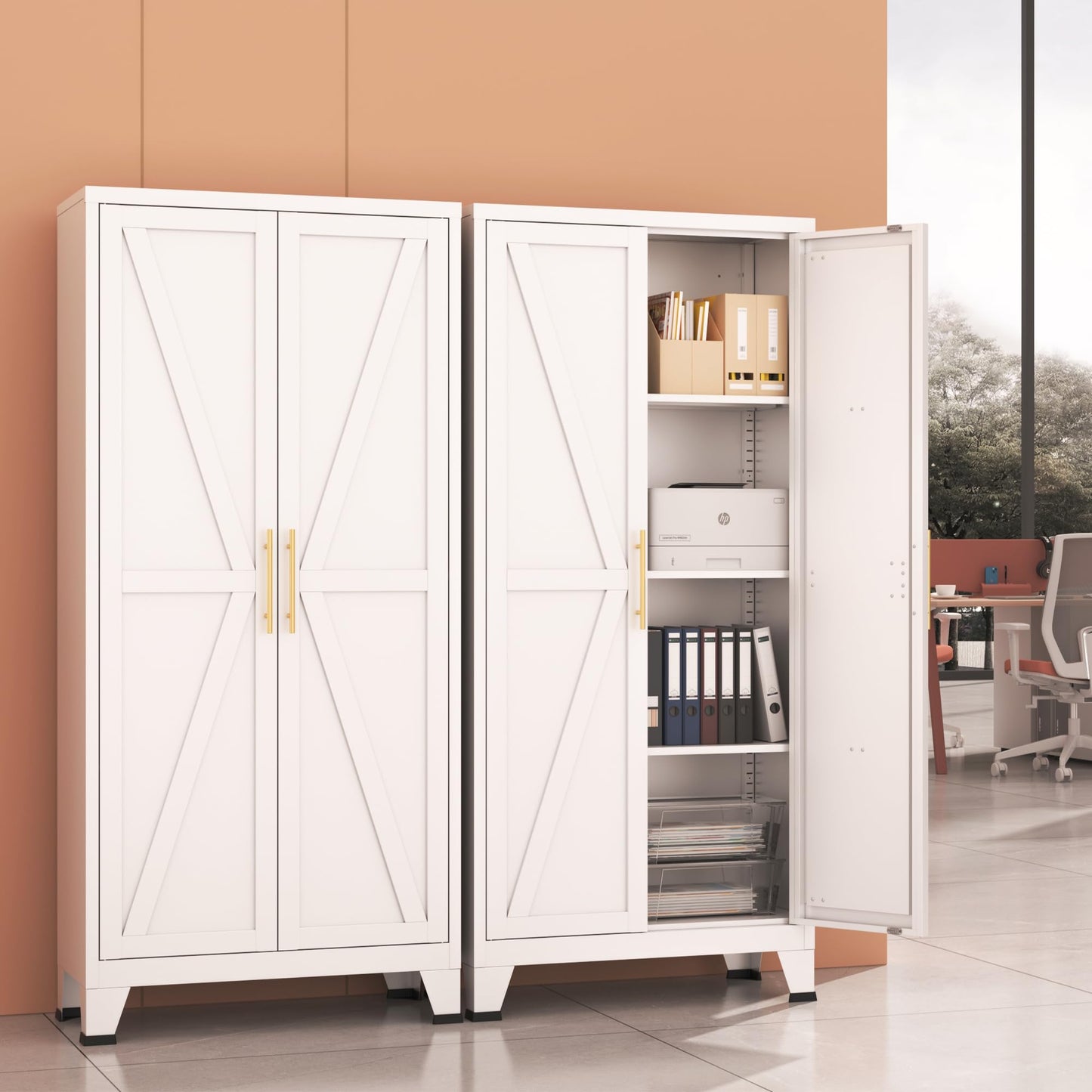 Elitehouse 61" Tall Metal Storage Cabinet with Barn Doors and 3 Adjustable Shelves,4-Tier Large Kitchen Pantry Cabinet for Kitchen, Bathroom, Dining Room, Utility Room - White
