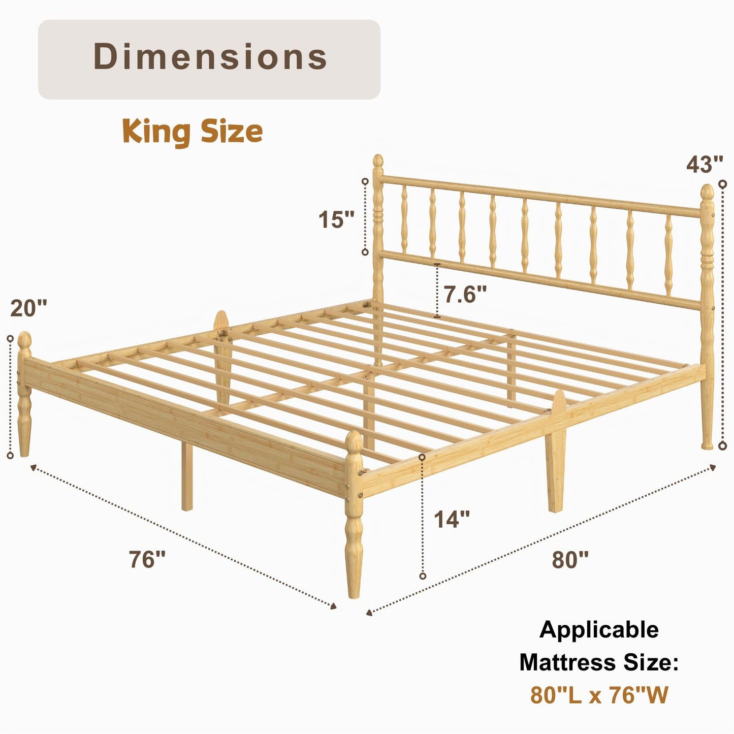 Hunlostten 14 Inch King Size Bed Frame Bamboo with Headboard and Footboard, Wood Platform Bed with Roman Column Design, Heavy Duty Metal Slats Support, No Box Spring Needed, Easy Assembly, Noise Free