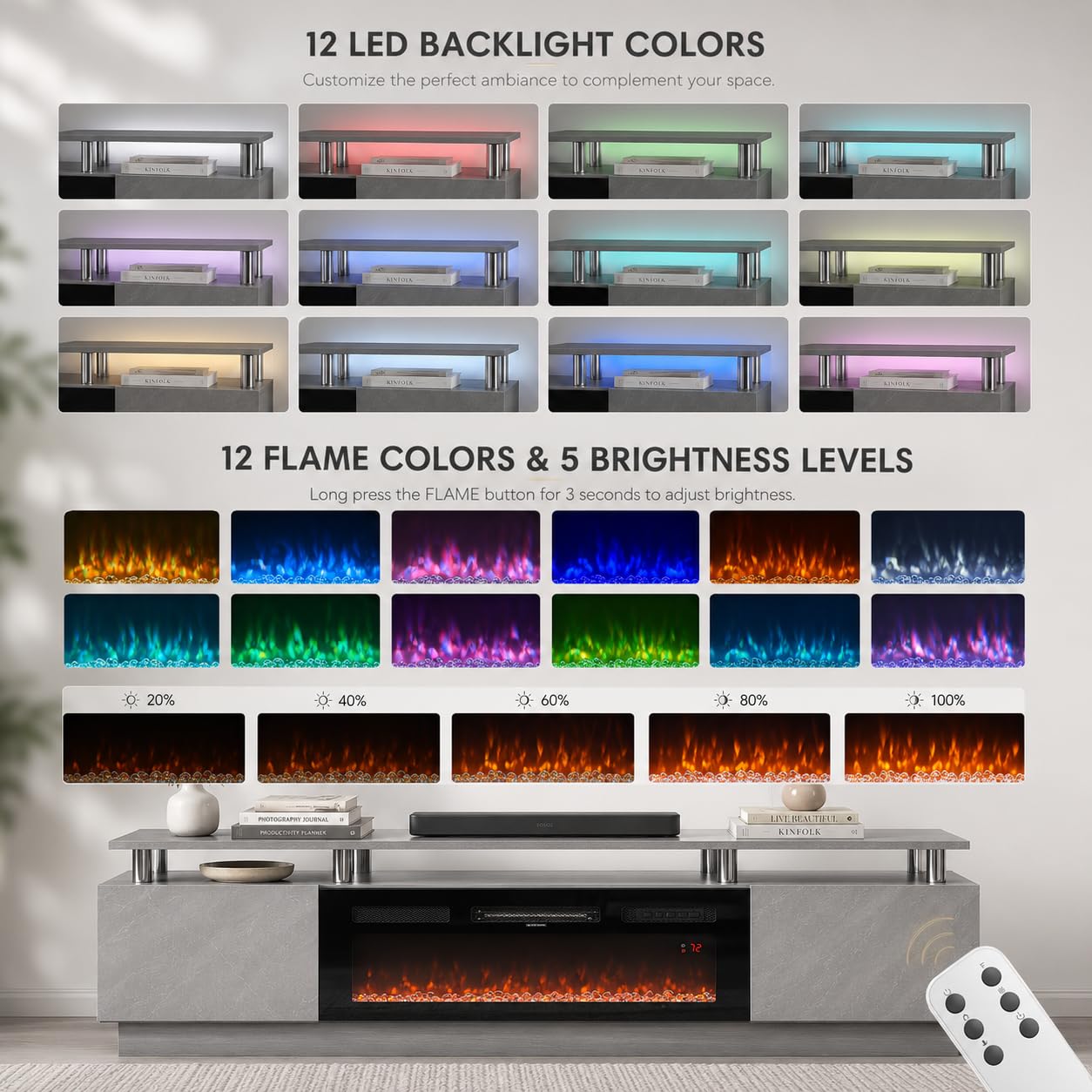 OneBlis 70" TV Stand for Living Room, Entertainment Center with Storage Cabinet, Fits TVs up to 80", Modern Media Console with Shelves, 36" Electric Fireplace (Grey+Black)