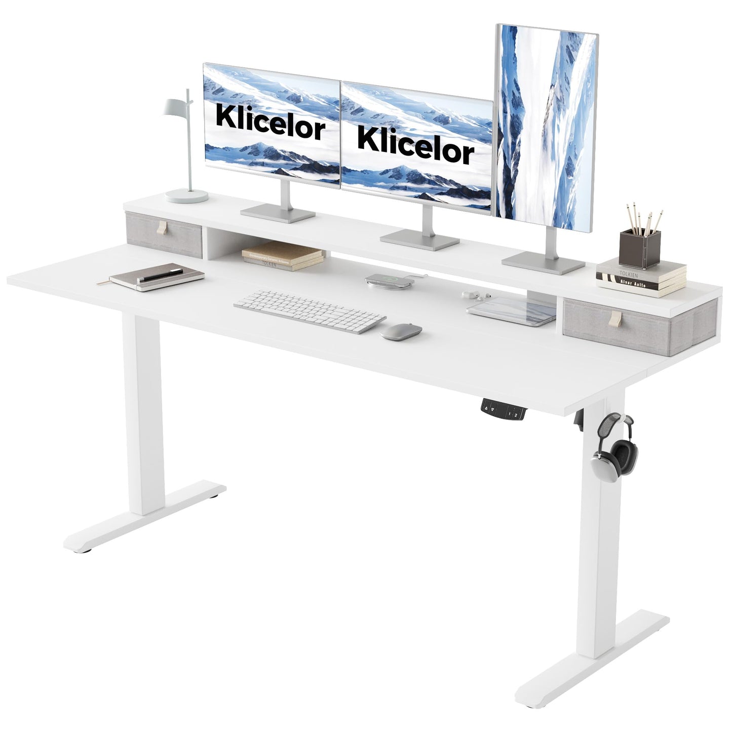 Klicelor 63 x24 Inch Electric Standing Desk with Drawers, Adjustable Height Small Sit Stand Desk for Home Office, Compact Computer Workstation with Storage– White