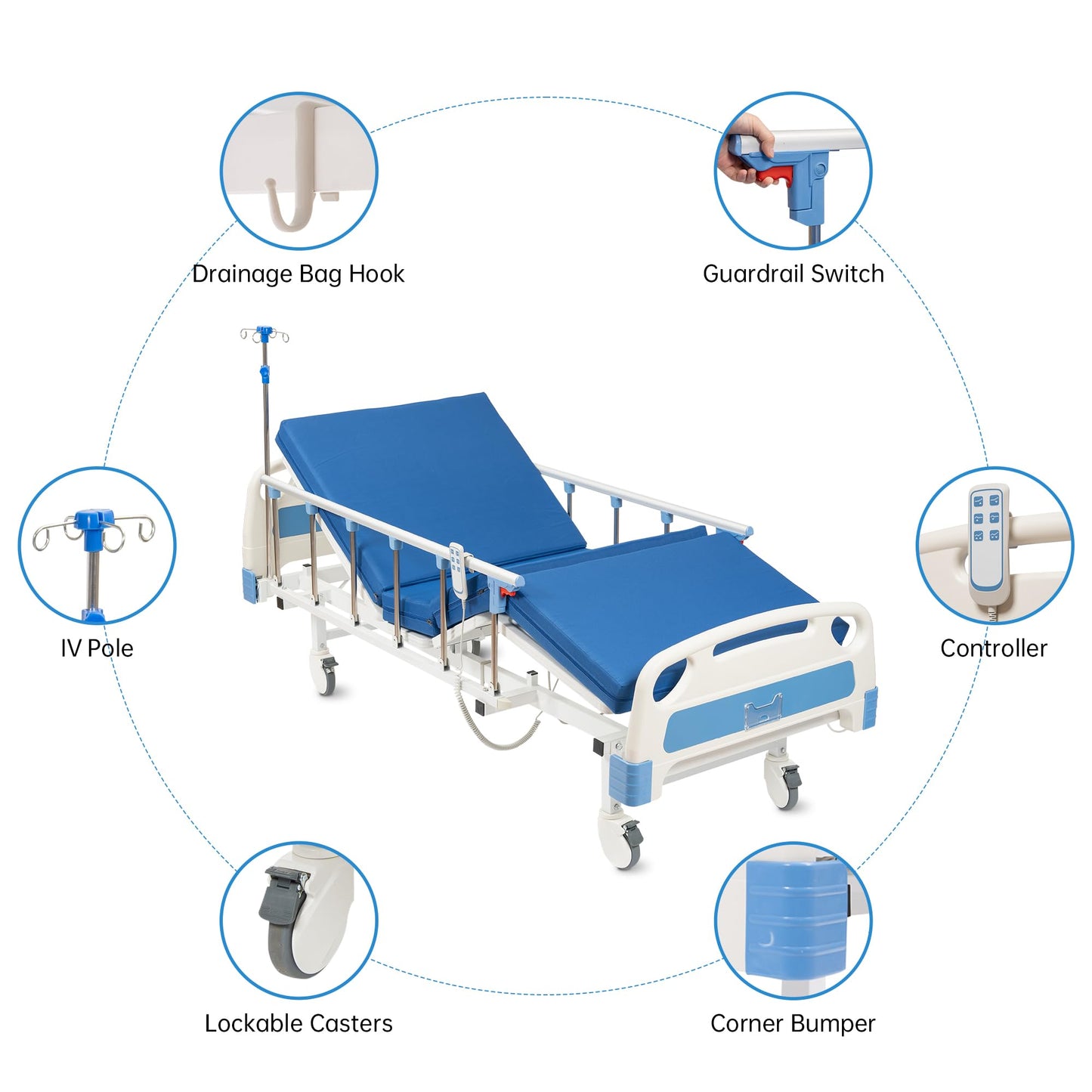 RESTISLAND Hospital Bed Electric 2 Function, 5-Inch Locking Casters for Home Hospital Use, 530LBS Loading, with IV Pole, Bed Tray and Mattress