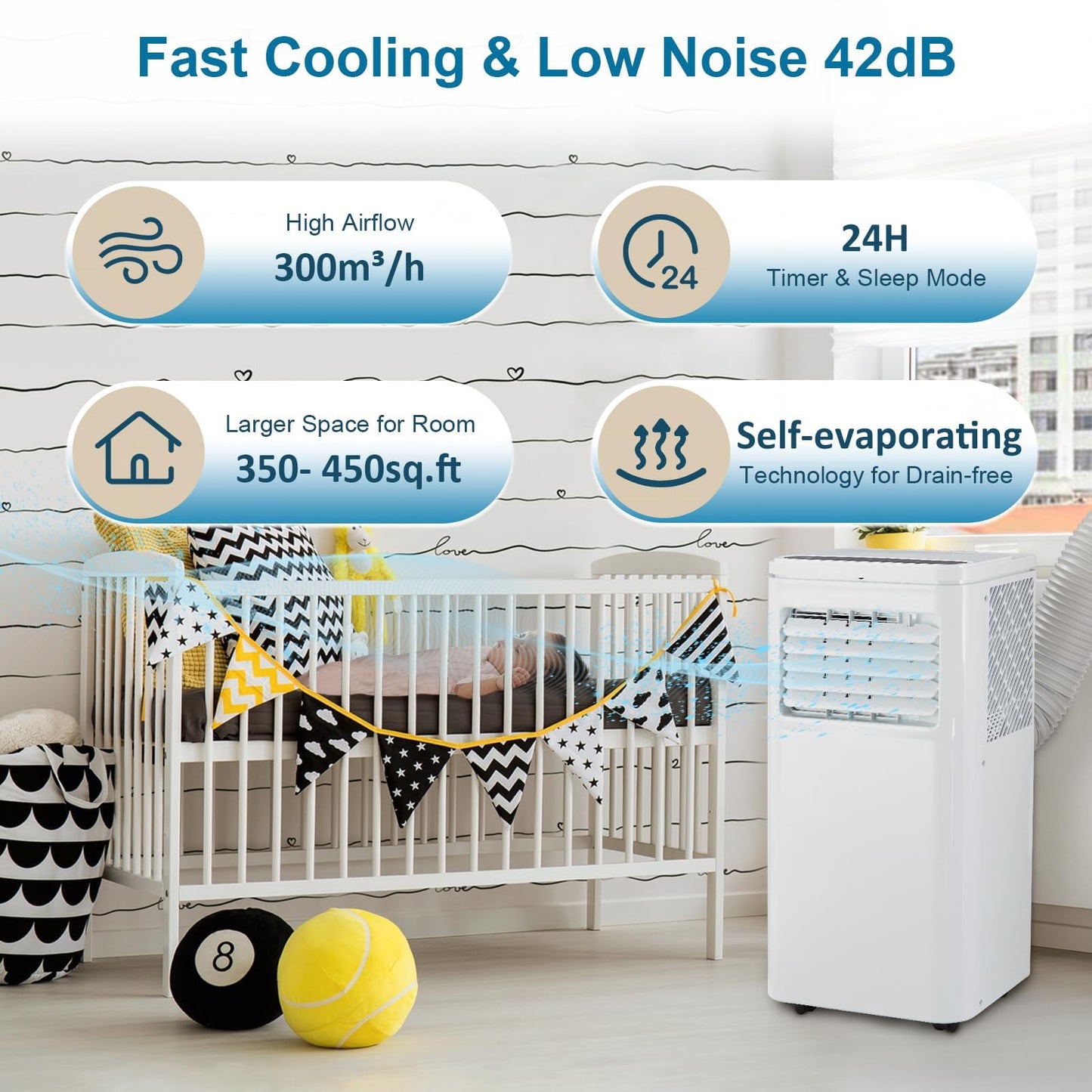 10,000 BTU Portable Air Conditioners - Cools 450 Sq. Ft., 4-in-1 Portable AC Unit with Cool, Fan, Dehumidifier, Sleep, 24H Timer, Remote & Installation Kit, for Bedroom, Office, Dorm