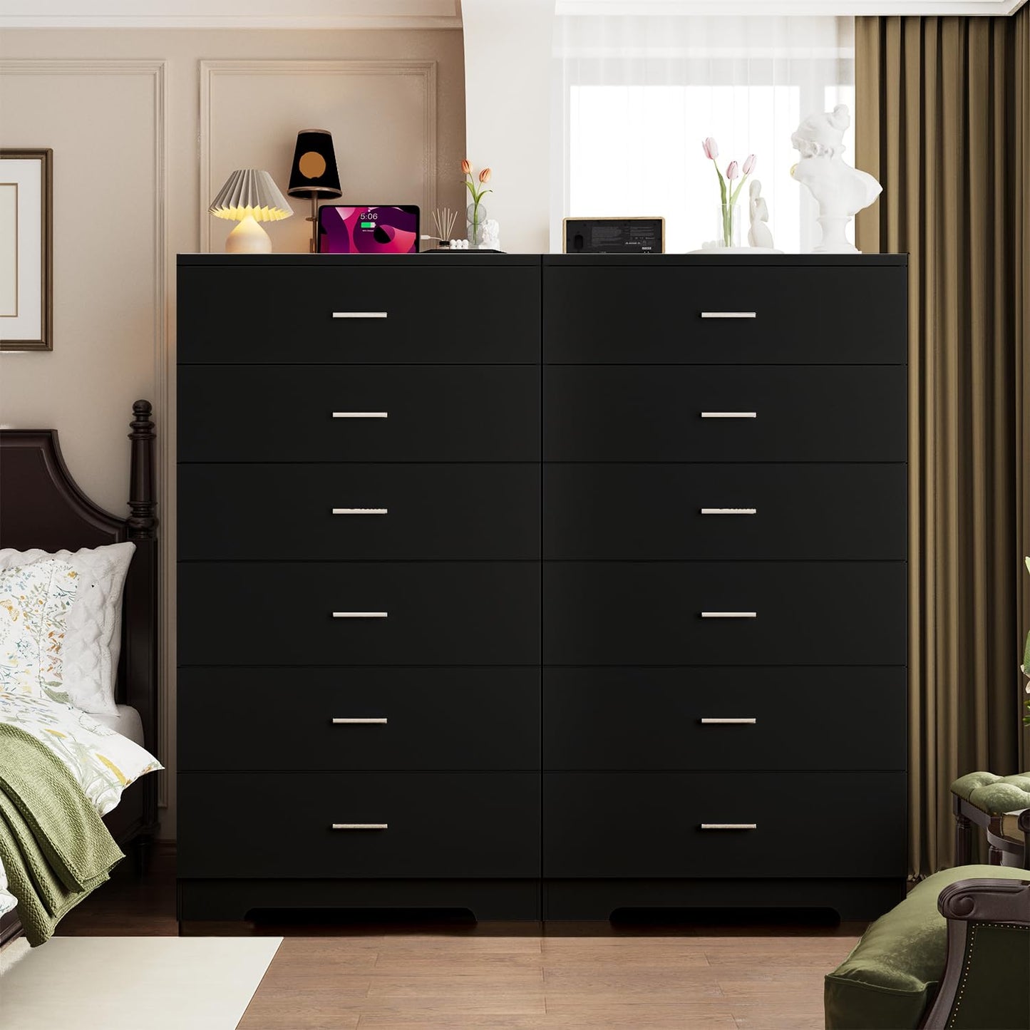 AXCIGOC 48" Tall Dresser for Bedroom Chest of Drawers with Power Outlets Wood 6 Drawers Dresser with Large Storage Space and Metal Handles Modern Closet Storage Drawer for Living Room Hallway Black