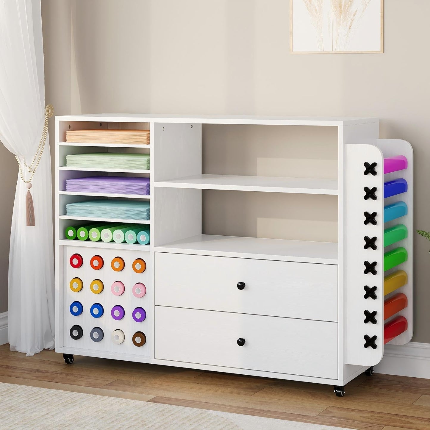 Craft Cart for Cricut Storage Organization, 42'' Rolling Craft Cabinet with 24 Vinyl Roll Holder and 2 Large Drawers Compatible with Cricut Machine White