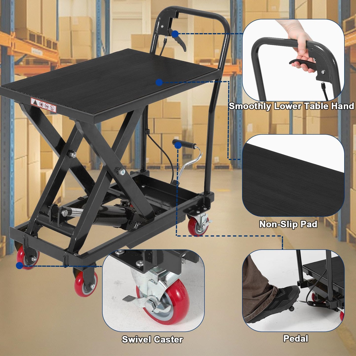 Hydraulic Lift Table Cart, 1100 LB Capacity, 10-32 in Lifting Range, Manual Single Scissor Lifting Cart with Non Slip Pad & Wheels, Heavy Duty Lift Table for Transportation, Black