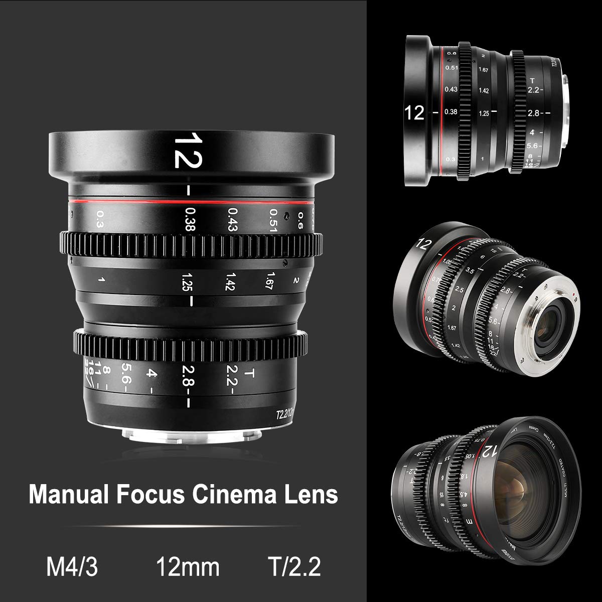 Meike 12mm T2.2 Large Aperture Manual Focus Low Distortion 4K Mini Cine Lens for Micro Four Thirds M43 MFT Mount Cameras Compatible with Olympus Panasonic Lumix BMPCC 4K Zcam E2 GH5 GH6 GH7