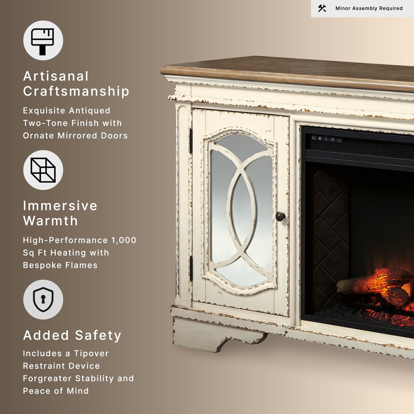 Signature Design by Ashley Realyn Fireplace TV Stand, 74 Inch Cottage Style Media Console, Wood, Engineered Wood and Veneers, Electric Infrared Insert, Fits TVs up to 85 Inch, Chipped White