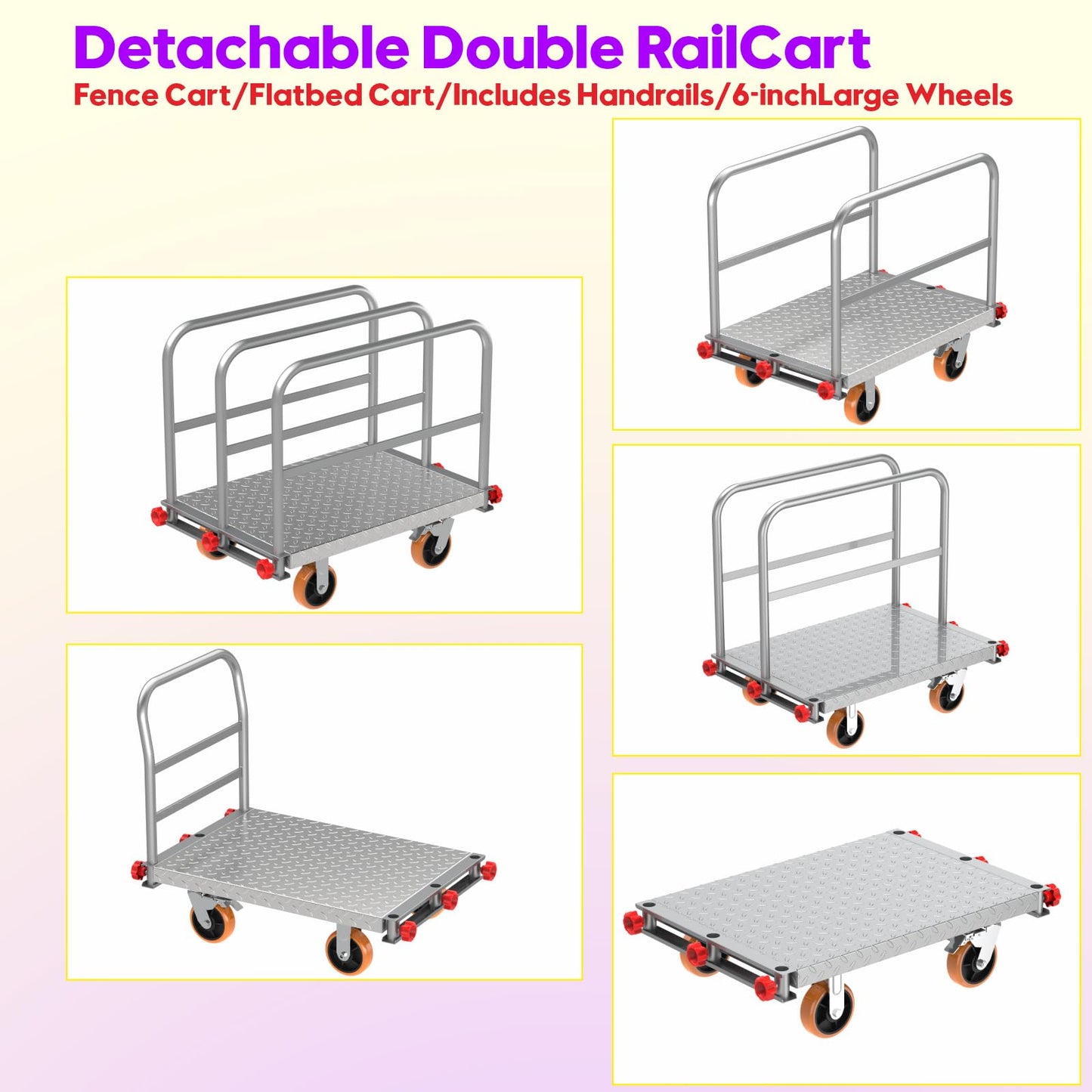 SCBoutique 2500 LBS 2-in-1 Steel Panel Truck Cart - Heavy Duty Lumber Cart Drywall Dolly with 40 x 24 Inch 2MM Plate, 6 Inch Swivel Brake Wheels & 1 Front 3 Side Handrails